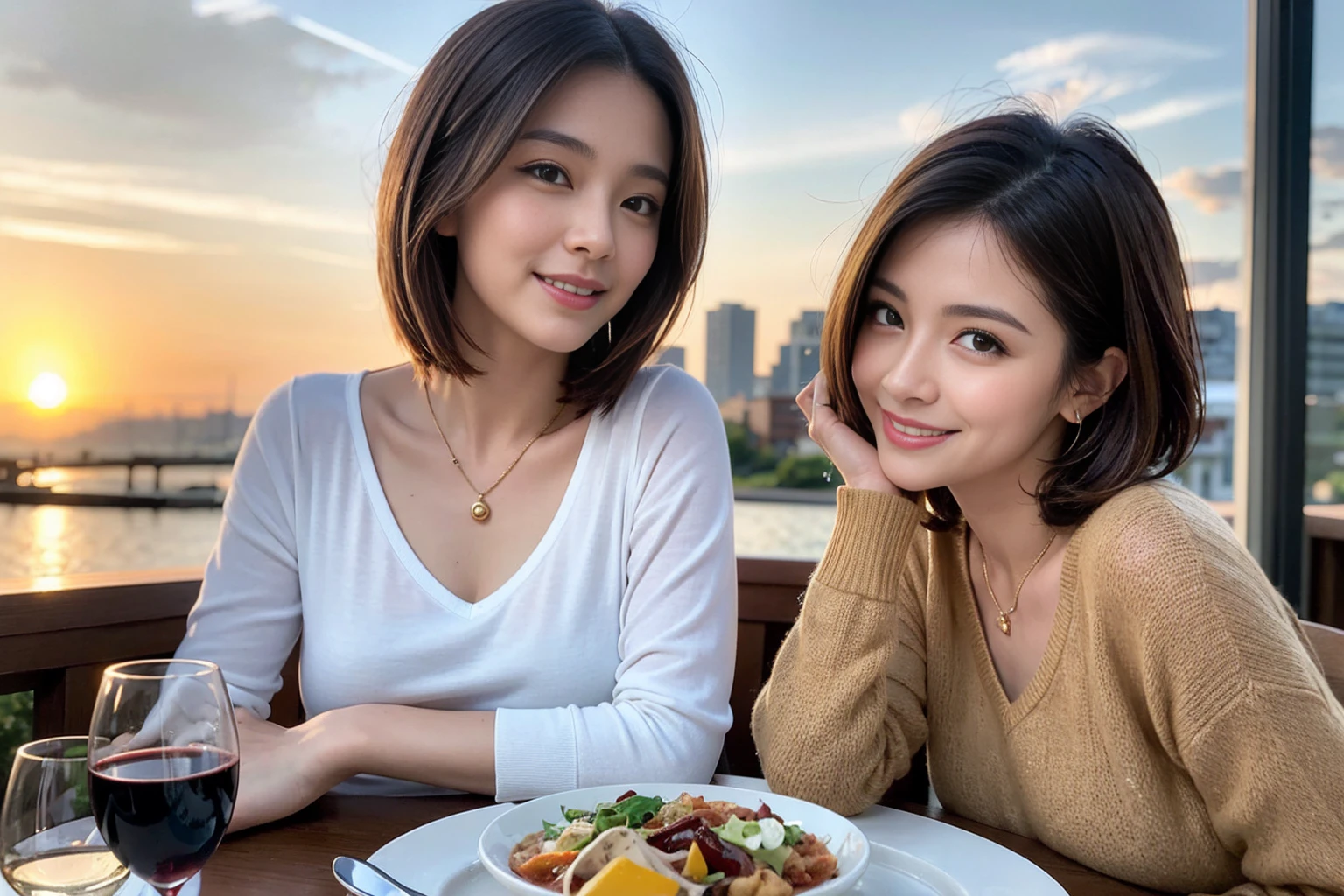 (Realistic:1.1),(masterpiece,Highest quality),8k,(40 years old), 42 years old, slimカップル、Model Couple、Actress/Actor、Tight waist,Upper Body,full-course dinner、wine 、Amazing view of the sunset sky and clouds、Perfect Anatomy, Brown Hair, Short Hair,Random Hairstyles,((Highly detailed face and eyes:1.2))(cute顔:1.4),Beautiful actress face,Perfect golden ratio face,Long sleeve shirt、dress,(smile:1.2)、Shortcuts、cute、(Realistic, Intricate details:1.2), A bright smile、short hair,Bright Face、赤wine 、Appetizers、Italian food、wine bottle、Champagne、スパークリングwine、(slimな顔), (The body is slim), (Brown Hair), (Shortcuts), Upper Body, 白wine, slim, wineグラス,