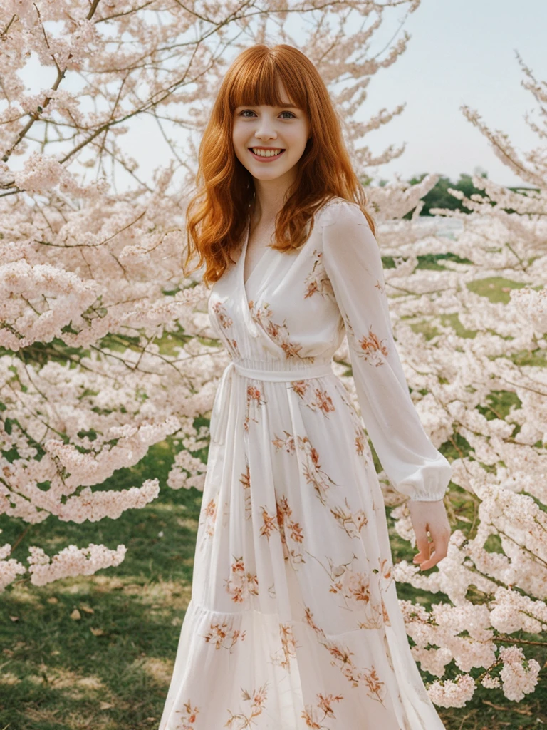 her name is Anna Maria Schmidt, high quality, ((white pale skin)), 1girl, ((20-year-old fit Caucasian woman)), ((20 years old)), ((fit)), ((ginger hair with bangs)), pose: standing, wearing stylish printed maxi dress, BACKGROUND: flowering trees for a fresh and vibrant look, ugly smiling, standing, loose waves