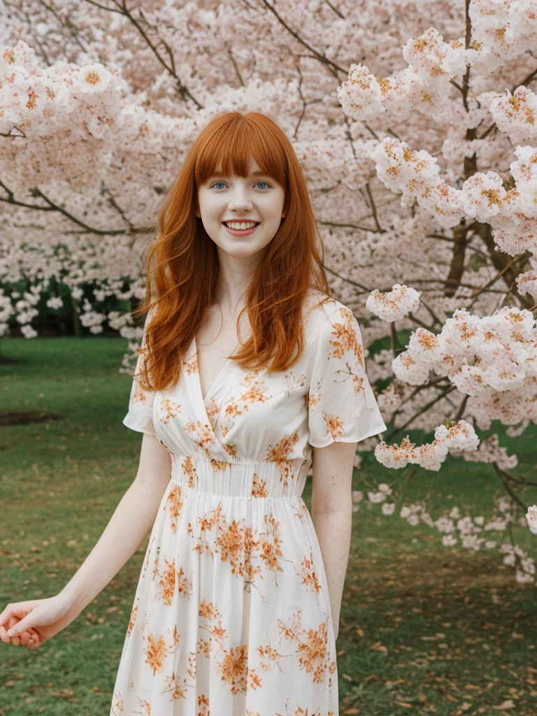 her name is Anna Maria Schmidt, high quality, ((white pale skin)), 1girl, ((20-year-old fit Caucasian woman)), ((20 years old)), ((fit)), ((ginger hair with bangs)), pose: standing, wearing stylish printed maxi dress, BACKGROUND: flowering trees for a fresh and vibrant look, ugly smiling, standing, loose waves