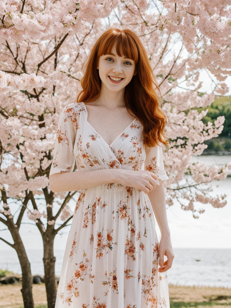 her name is Anna Maria Schmidt, high quality, ((white pale skin)), 1girl, ((20-year-old fit Caucasian woman)), ((20 years old)), ((fit)), ((ginger hair with bangs)), pose: standing, wearing stylish printed maxi dress, BACKGROUND: flowering trees for a fresh and vibrant look, ugly smiling, standing, loose waves