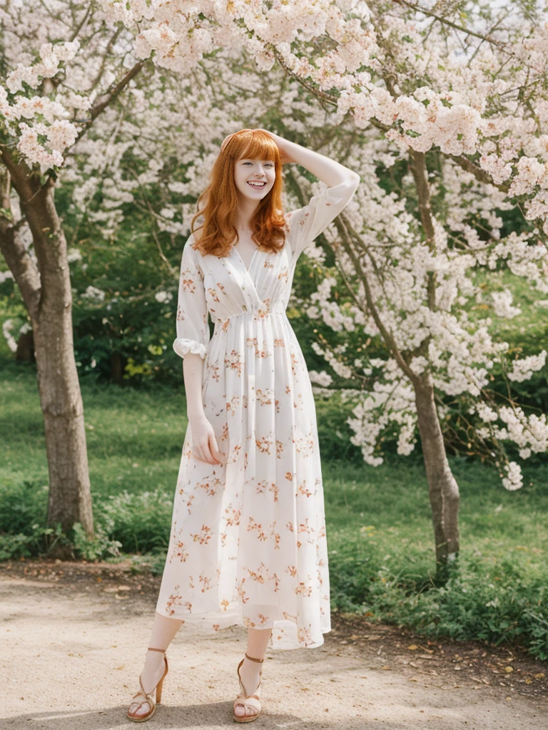 her name is Anna Maria Schmidt, high quality, ((white pale skin)), 1girl, ((20-year-old fit Caucasian woman)), ((20 years old)), ((fit)), ((ginger hair with bangs)), pose: standing, wearing stylish printed maxi dress, BACKGROUND: flowering trees for a fresh and vibrant look, ugly smiling, standing, loose waves