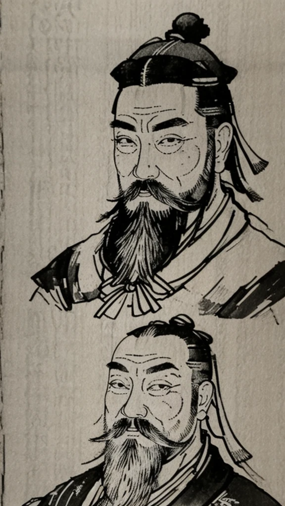 (((whole body))),((Monochrome)),(((Ink Painting))),Oriental、Men in ancient Chinese costumes、(ancient chinese hairstyle male)、As seen in the Romance of the Three Kingdoms々military commander、Highest quality、masterpiece、Ultra-high resolution、(Realistic:1.4)、Game Poster、Crisp and beautiful image quality、beard、Embroidered cloth wrapped around a topknot、whole body ,(Skin of color, ),(beard):1.2), (Very detailed, bloom:1.5), (Highest quality, Concept Art, 4K), (analog:1.2), (high sharpness), (Detailed pupil:1.1), Detailed face and eyes, masterpiece, Highest quality, (Very detailed photos:1.1), 8k, (Dynamic Short Hair), (PurerosFace_v1:0.2), [:(Detailed face:1.2):0.2], sharp, Shadow, 