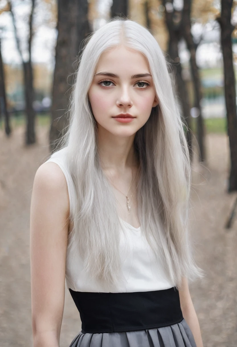 young girl(16 years). straight, White hair. thin, Noble features. Very white skin. grey eyes. thin белые брови. thin, Straight nose.