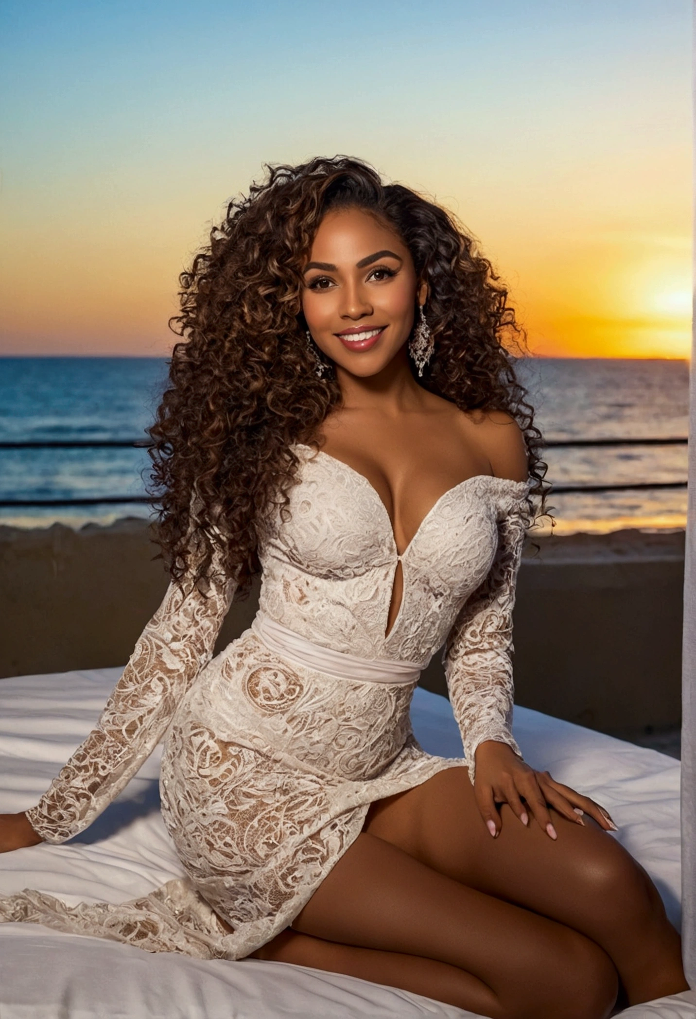 stunning latin influencer. she is lying in bed, at beach, watching the sunset, wearing a long dress that reaches the hem of the legs. She&#39;s a black woman with a radiant smile, curly, curly hair that frames your face. Your body is shown from head to toe, highlighting your full beauty. She is a young goddess, a beautiful black lady with a captivating presence. Your skin is clear and radiant, and she is 24 years old. Her eyebrows are well defined and her brown eyes are mesmerizing.. She has a fit body, very attractive, with an hourglass waist and thick hips. Your presence is sweet and dear, and she exudes confidence and charm. Her long hair and wide legs complete her impressive figure.. She is posing alone, radiating beauty and elegance