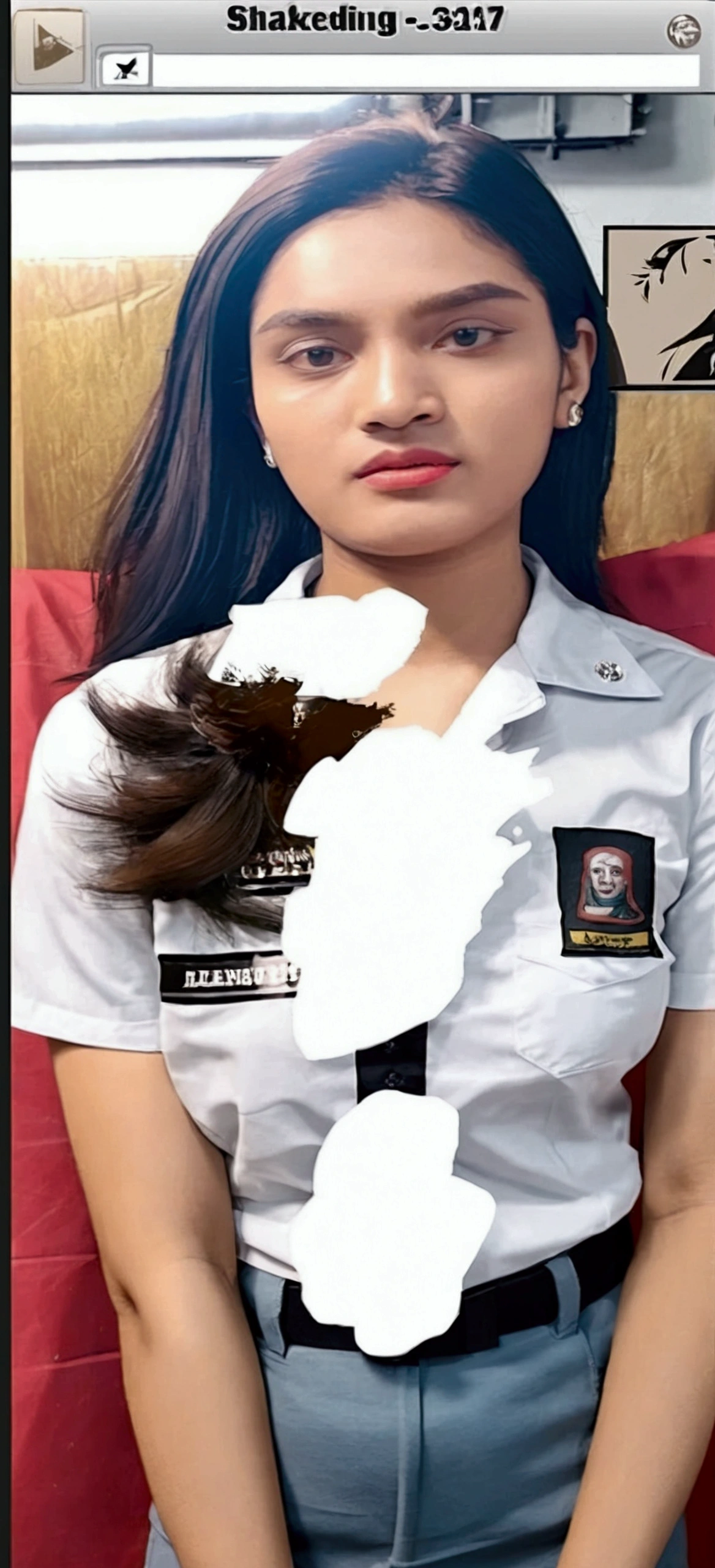 A beautiful woman, 18 years old, with a slightly sweaty face (smells of tamarind), with an expression as if she was smelling her body odor.  wearing an Indonesian high school student council uniform (white and gray, the clothes are super tight, the clothes are really tight on the body which emphasizes the curves of her body along with the long skirt) long black wavy hair.  Create a standing pose in front of the class & also sitting in class (2 photos)!
