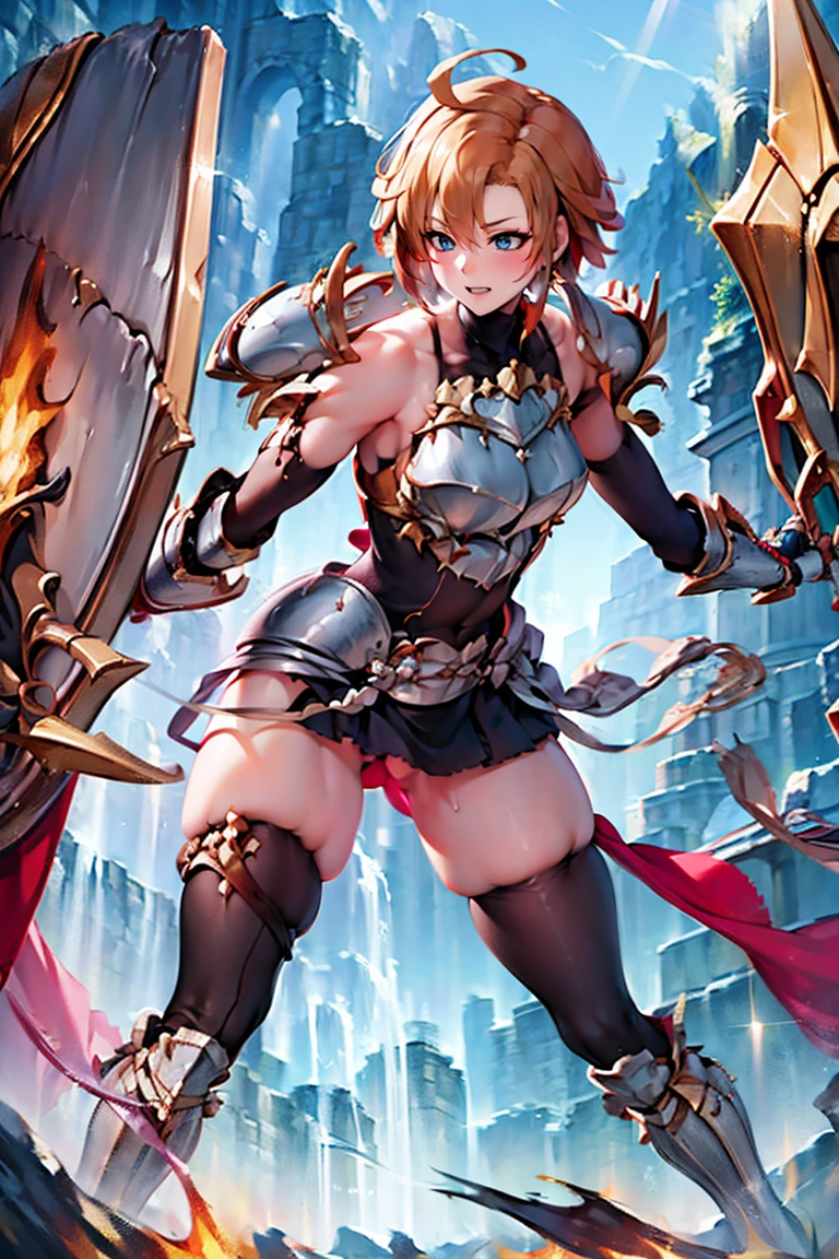 jewelry, bodysuit, fingerless gloves, knight, highleg, (((skin tight))), vambraces, arm guards,faulds,greaves, 1girl,solo,　gauntlets, armored boots, breastplate, pauldrons, shoulder armor, big armors, thighhighs, dare thighs, short hair, pink hair, blue eyes, adult, adult face, fearless face, curvy, perfect proportion, perfect anatomy, perfect body, armored dress knight, plate armor knight, silver knight armor, ahoge, center loincloth, skirt, black legwear, black clothes, black wear, covered arms, masterpiece, masterwork, best quality, super fine illustration, beautiful, ultra detailed beautiful face, cg unity 8k wallpaper, ultra detailed, ultra high res, round face, smile, leotard, absurdres, exquisite, by famous artist, voluptuous, official art, fair skin, gleaming skin, oil skin, shiny skin, sweat, front view, clenched hands, two arms, both arms, perfect arms, perfect fingers, perfect hands, flame and battlefield background, shield, outdoor, perfect eyes, even eyes, symmetrical eyes, clear eyes, ultra detailed beautiful eyes, 