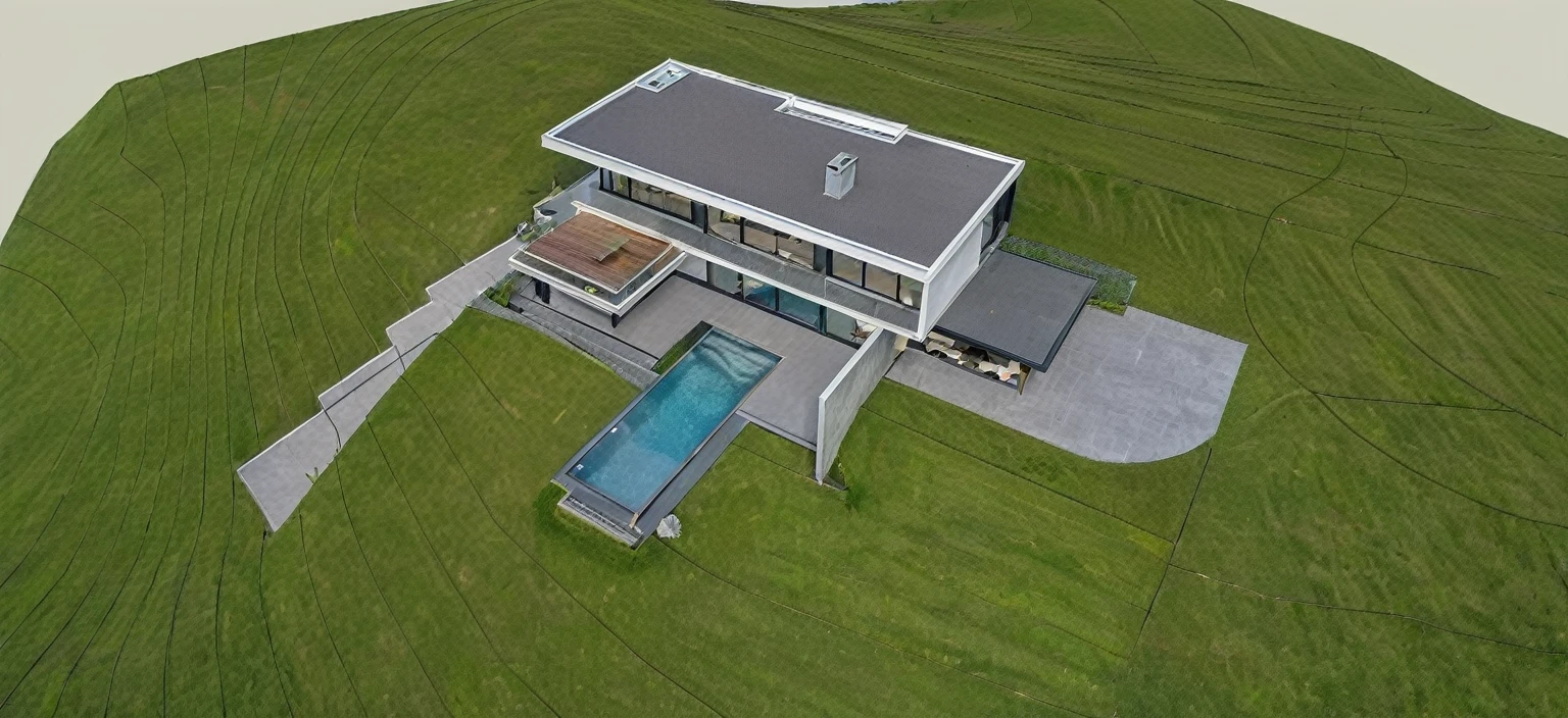 modern villa on the hill with glass facade, 1 story, surrounded by nature, large windows, minimalist architecture, wooden structure, clean lines, flat roof, panoramic mountain view, natural light, peaceful atmosphere, serene landscape, lush greenery, blue sky, wispy clouds