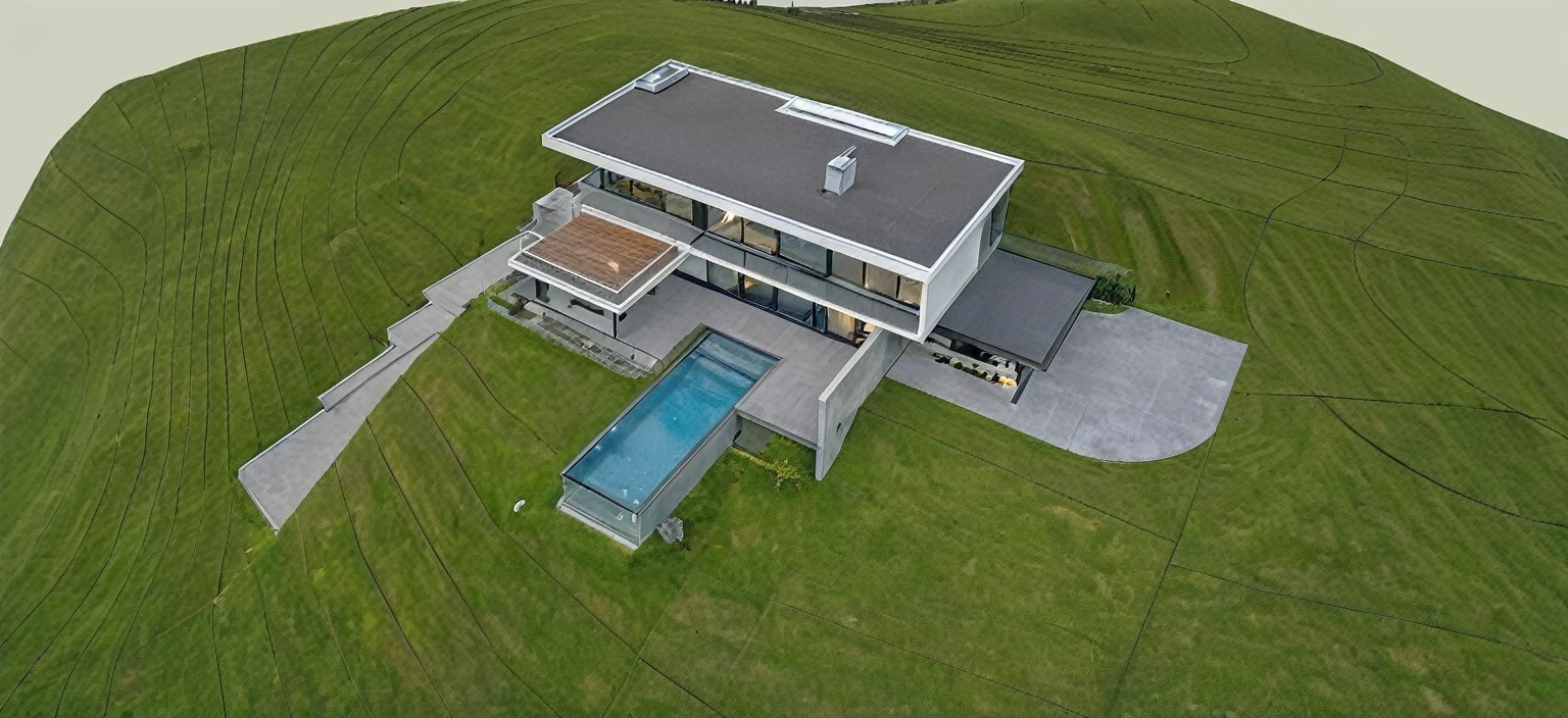 modern villa on the hill with glass facade, 1 story, surrounded by nature, large windows, minimalist architecture, wooden structure, clean lines, flat roof, panoramic mountain view, natural light, peaceful atmosphere, serene landscape, lush greenery, blue sky, wispy clouds