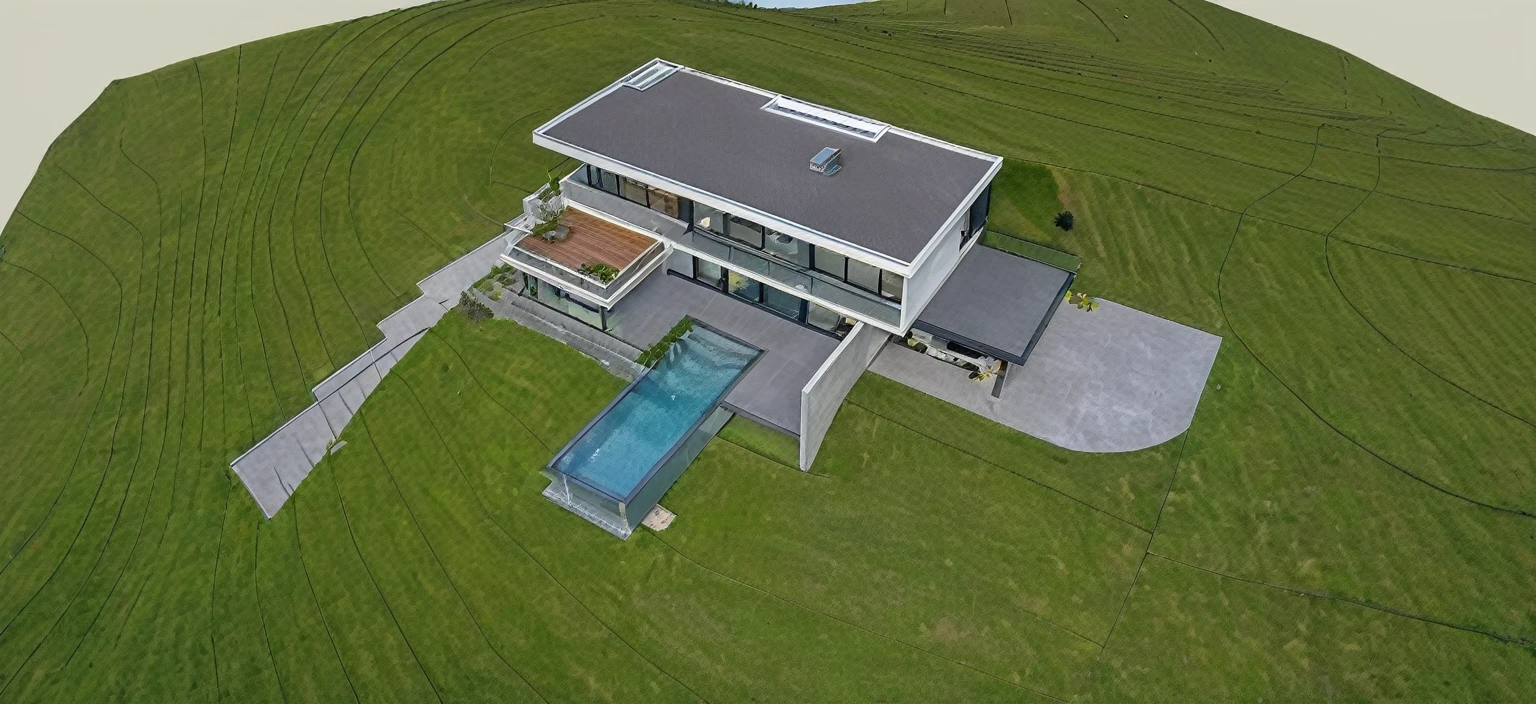 modern villa on the hill with glass facade, 1 story, surrounded by nature, large windows, minimalist architecture, wooden structure, clean lines, flat roof, panoramic mountain view, natural light, peaceful atmosphere, serene landscape, lush greenery, blue sky, wispy clouds