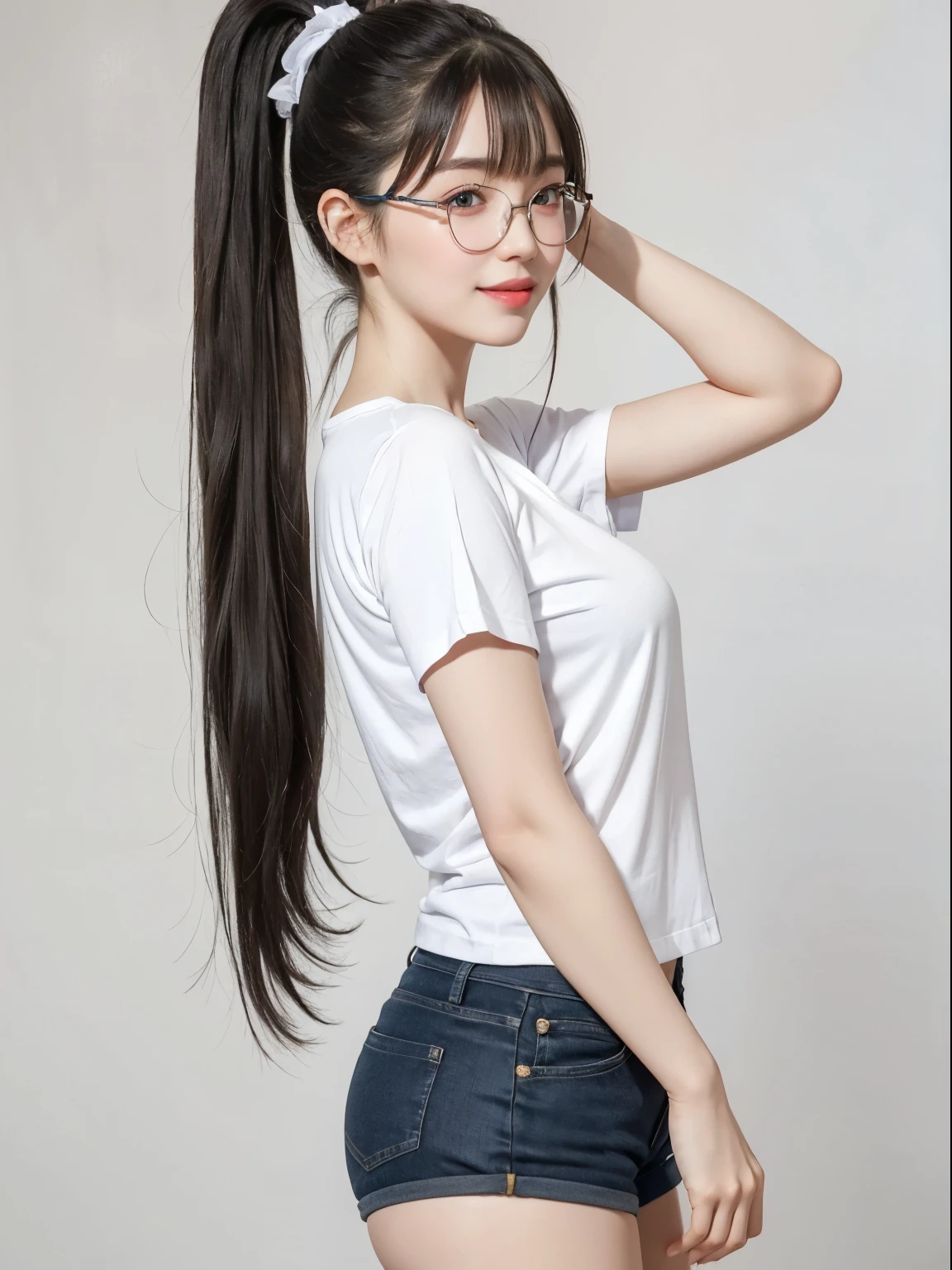 (Best quality, masterpiece, detailed), (RAW, 4k, hd images), shy, 1 girl, 17 years old, white skin, long hair, ponytail, layers hair, bangs, black hair, beautiful girl, cute girl, sweet girl, pretty girl, perfect girl, pretty eyes, blue eyes, thin lips, thin, eye line, perfect round breast, glasses(detailed frame), simple background, smile, thigh, legs, tshirt clothes, short pants, standing, side angle capture, half body, side breast