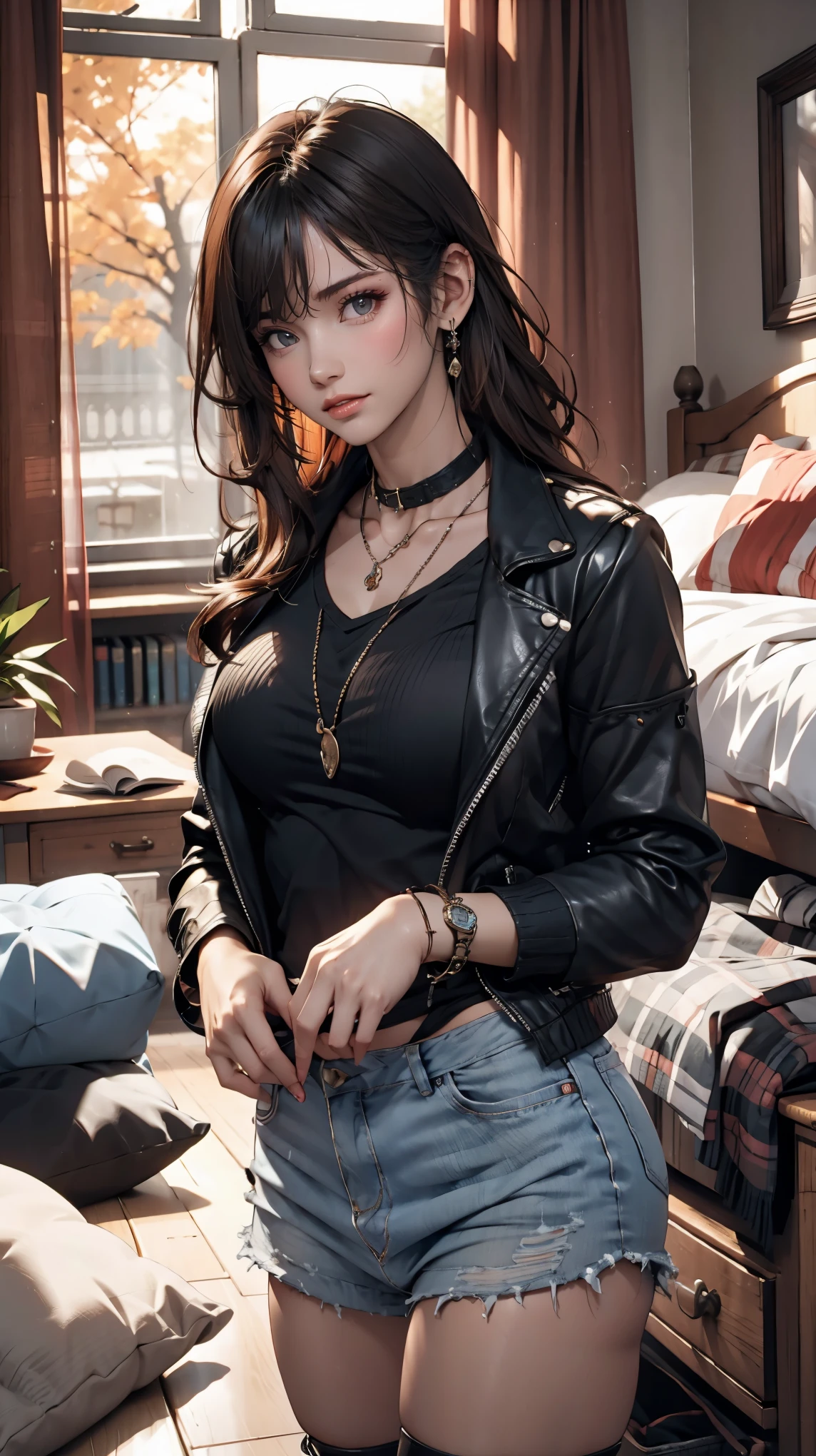 Mouth, A girl, Solitary, In a messy room, Guitar, 、Spiked collar、24 years old white female、Sexy proportions、Punk rock fashion、Black shirt、leather jacket、Leather shin guards、Gorgeous makeup、Long hair、Rosary Necklace、Rosary Earrings、Wear the spiked bracelet on your wrist