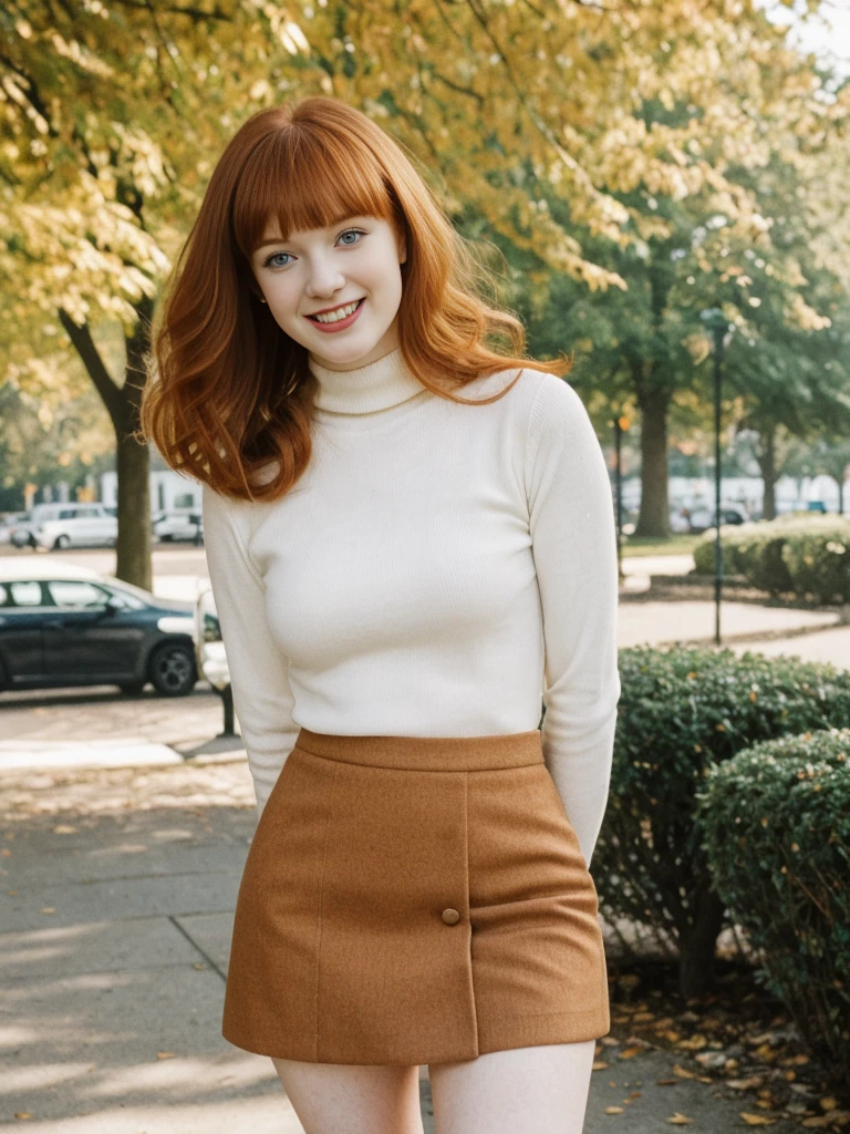 her name is Anna Maria Schmidt, high quality, ((white pale skin)), 1girl, ((20-year-old fit Caucasian woman)), ((20 years old)), ((fit)), ((ginger hair with bangs)), pose: standing, wearing stylish beige turtle neck and mini skirt, BACKGROUND: street trees for a fresh and vibrant look, ugly smiling, standing, loose waves