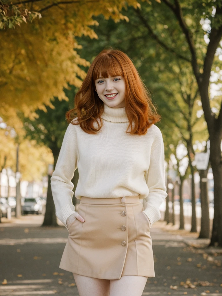 her name is Anna Maria Schmidt, high quality, ((white pale skin)), 1girl, ((20-year-old fit Caucasian woman)), ((20 years old)), ((fit)), ((ginger hair with bangs)), pose: standing, wearing stylish beige turtle neck and mini skirt, BACKGROUND: street trees for a fresh and vibrant look, ugly smiling, standing, loose waves