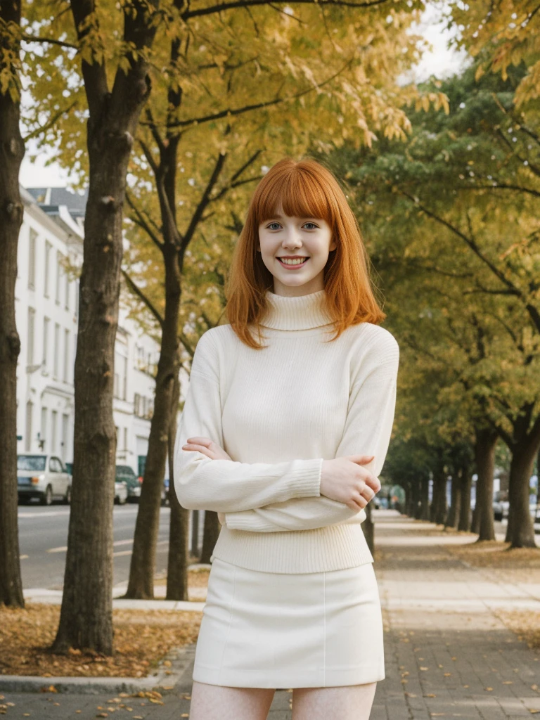 her name is Anna Maria Schmidt, high quality, ((white pale skin)), 1girl, ((20-year-old fit Caucasian woman)), ((20 years old)), ((fit)), ((ginger hair with bangs)), pose: standing, wearing stylish beige turtle neck and mini skirt, BACKGROUND: street trees for a fresh and vibrant look, ugly smiling, standing, loose waves