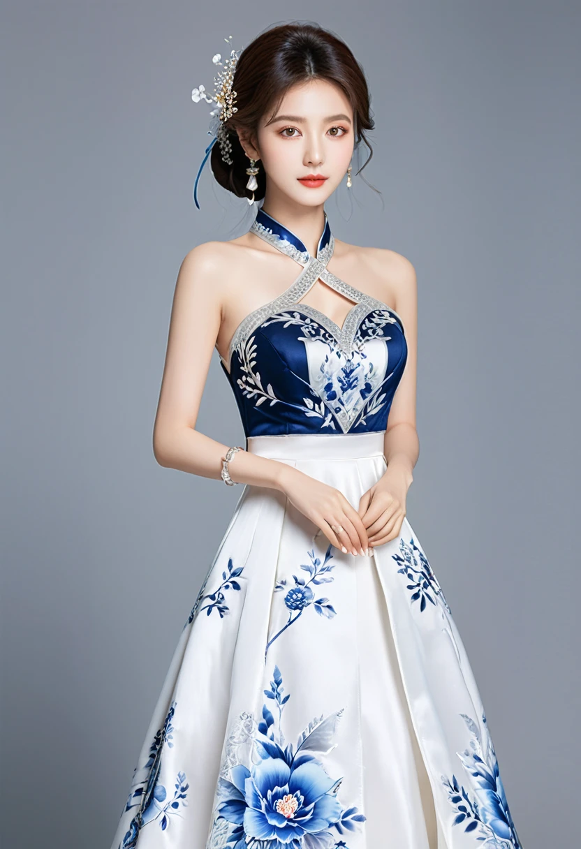 Realistic photo style, whole body 사진에 아름다운 아시아 소녀가 등장합니다., Wearing a unique ethnic style evening gown with delicate skin., bright and lively eyes, Thick eyelashes that look especially attractive. Long dresses are slim and elegant., Eye-catching silver jewelry and alcohol. The high-collar design adds an elegant atmosphere., Color of blue and white porcelain. using light and shadow, The vivid and harmonious appearance of the protagonist is highlighted... whole body, (masterpiece, best quality, professional, perfect composition, very aesthetic, absurd, very detailed, intricate details:1.3)