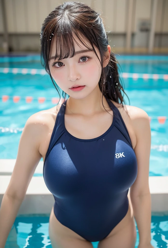 ulzang-6500-v1.1, (RAW photo:1.2), (Photorealsitic), a beautiful detailed girl, extremely detailed eye and face, beatiful detailed eyes, hugefilesize, A high resolution, The is very detailed, top-quality, [tmasterpiece:1.6], illustratio, The is very detailed, CG, finedetail, top-quality, 8k wallpaper, Cinematography lighting, 1girl in, Auntie、(35yo:1.6), perfect body type, Nervous、【huge tit、Heavy breasts、J cup:1.9】、cute drooping eyes、Beautiful big eyes、Wearing sweat，Wet、【sexual excitement:1.6】、(The whole body is wet:1.2)、Light in Eyes、(Japan school swimsuit、navy blue one-piece swimsuit、Japanese navy blue school swimsuit:1.3)、(swimmingpool:1.2)、(dynamicposes:1.2)full bodyesbian