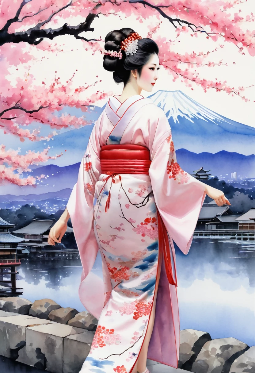 (Cherry blossom :1.5), (ink and watercolor painting:1.5), (Tasteful:1.5), (ink and watercolor painting:1.5), (full color:1.5), 8k, 4k, (landscapes:1.5),(cherry blossom trees:1.5),(wind:1.5),(flying cherry blossom petals:1.5),(kyoto:1.5),(pink theme:1.5),mount fuji in background, 1girl, A darK-haired, Smile, Eye-Level Shot, 8k, Super Detail, uhd, retina, masterpiece, Anatomically correct, Textured skin, kimono, silk fabric, japanese, Japanese clothes, (Wisteria floral pattern), Silk, Japan hair, Trailing hair, Japan beauties, BIG ASS, (wonderful proportions:1.8), (10 head body:1.8), Slim body, thin-waist, (Smart Standing), (Dignified atmosphere), Sense of cleanliness, (Full of elegance), Historical, heroine, refreshing, Edo style, Downtown Atmosphere, Edo-kko, Yoshiwara Geisha, Oiran, oiran, Countries, Juunihitoe, Premium kimono, amorous, Glossy appearance, (Long and beautiful legs:1.6), beautiful legs, (beautiful leg lines), (made in Japan:1.4), Genroku culture, beauty in return, sexy nape, watercolor painting style.