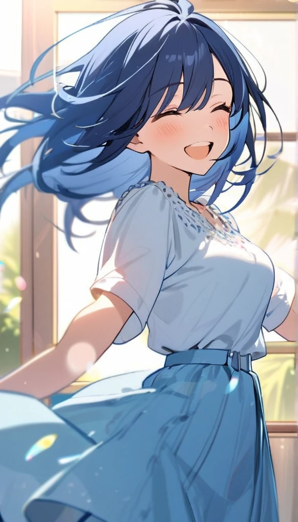 1girl,long face,short blue hair,,blue skirt,joyful,standing,closeup