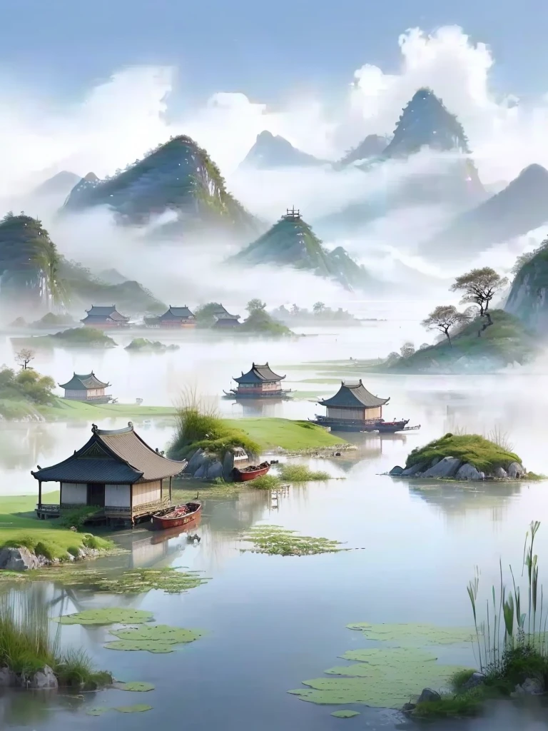 There is a small boat floating on the water, Chinese scenery, Chinese painting style, Beautiful oil painting, Gong Xian, China Village, Dreamy China, by Jiang Tingxi, 在Tranquil scenery中, author：Song Xu, Beautiful wallpapers, Tranquil scenery, author：Yuan Jiang, The beauty of natural landscape, author：Wang Jian, Landscape Artwork, Landscape Wallpaper