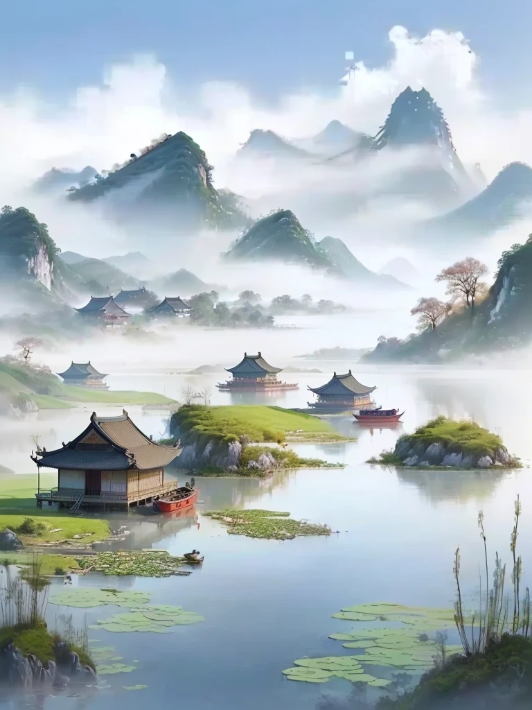 There is a small boat floating on the water, Chinese scenery, Chinese painting style, Beautiful oil painting, Gong Xian, China Village, Dreamy China, by Jiang Tingxi, 在Tranquil scenery中, author：Song Xu, Beautiful wallpapers, Tranquil scenery, author：Yuan Jiang, The beauty of natural landscape, author：Wang Jian, Landscape Artwork, Landscape Wallpaper