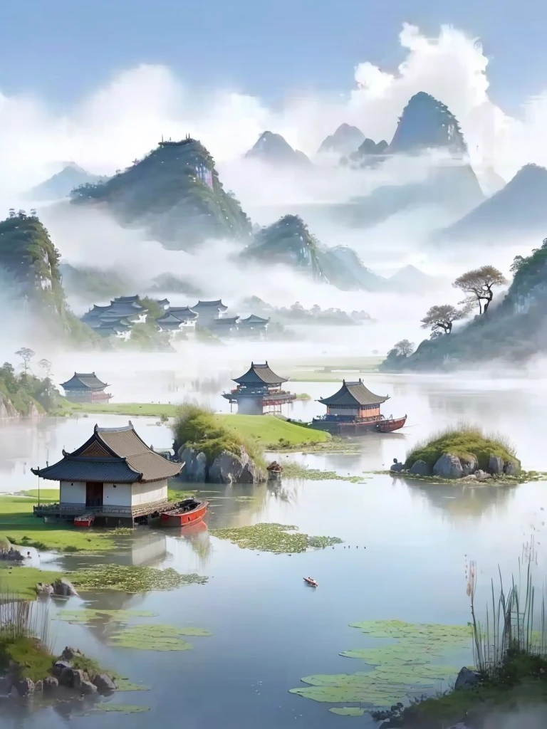 There is a small boat floating on the water, Chinese scenery, Chinese painting style, Beautiful oil painting, Gong Xian, China Village, Dreamy China, by Jiang Tingxi, 在Tranquil scenery中, author:Song Xu, Beautiful wallpapers, Tranquil scenery, author:Yuan Jiang, The beauty of natural landscape, author:Wang Jian, Landscape Artwork, Landscape Wallpaper
