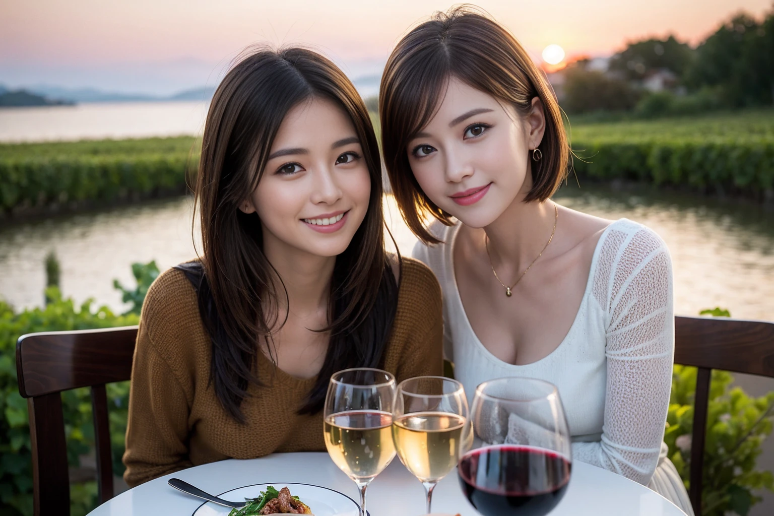 (Realistic:1.1),(masterpiece,Highest quality),8k,(40 years old), 42 years old, slimカップル、Model Couple、Actress/Actor、Tight waist,Upper Body,full-course dinner、wine 、Amazing view of the sunset sky and clouds、Perfect Anatomy, Brown Hair, Short Hair,Random Hairstyles,((Highly detailed face and eyes:1.2))(cute顔:1.4),Beautiful actress face,Perfect golden ratio face,Long sleeve shirt、dress,(smile:1.2)、Shortcuts、cute、(Realistic, Intricate details:1.2), A bright smile、short hair,Bright Face、赤wine 、Appetizers、Italian food、wine bottle、Champagne、スパークリングwine、(slimな顔), (The body is slim), (Brown Hair), (Shortcuts), Upper Body, 白wine, slim, wineグラス,