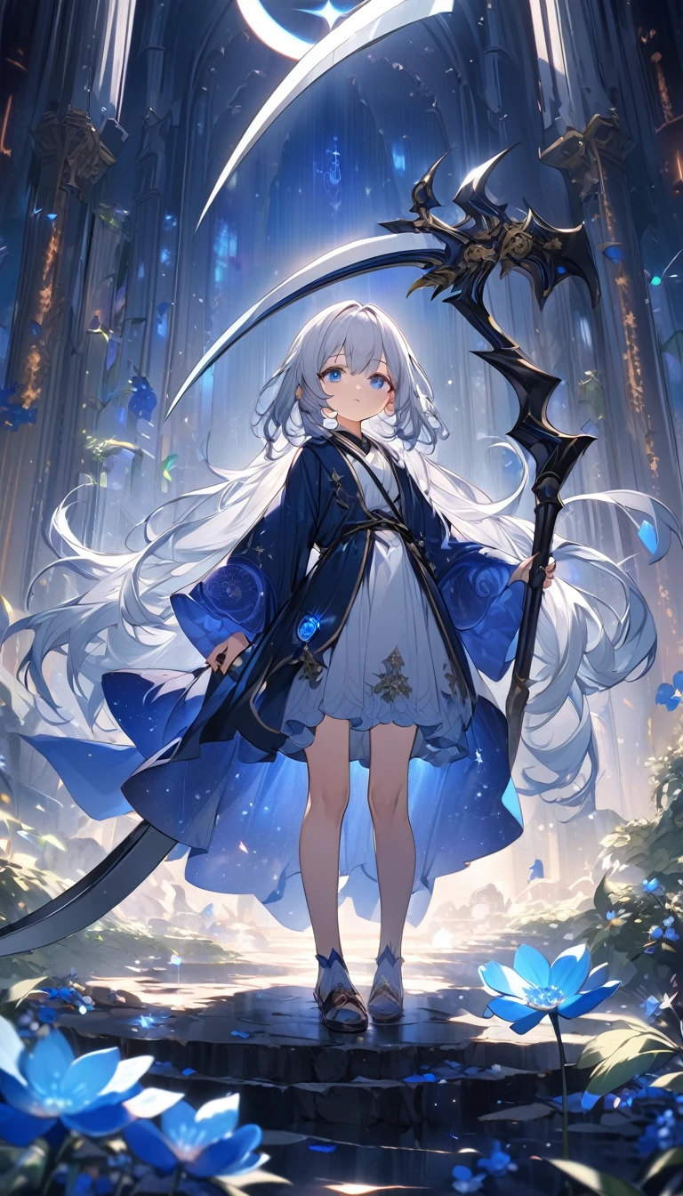 Highest quality,masterpiece,Detailed Details,Super detailed,colorful,The background is dark blue water,Transparency,Use HDR technology to create a sense of depth,beautiful,beautiful自然,Sacred atmosphere,8--old l,Alone,Wearing starry wizard robes,Stand in the center of the screen,The whole body faces this way,Look diagonally forward to the left,Hold a scythe in your right hand,Extend your right hand to the side and drag the scythe,A scythe blade made from a blue gem,A scythe handle made from a black gem.,Narrow and gentle eyes,mysterious,Silver hair decorated with blue flowers,Fantasy atmosphere,beautiful虹色の蝶々is flying in the air