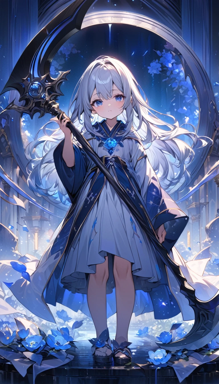 Highest quality,masterpiece,Detailed Details,Super detailed,colorful,The background is dark blue water,Transparency,Use HDR technology to create a sense of depth,beautiful,beautiful自然,Sacred atmosphere,8-year-old girl,Alone,Wearing starry wizard robes,Stand in the center of the screen,The whole body faces this way,Look diagonally forward to the left,Hold a scythe in your right hand,Extend your right hand to the side and drag the scythe,A scythe blade made from a blue gem,A scythe handle made from a black gem.,Narrow and gentle eyes,mysterious,Silver hair decorated with blue flowers,Fantasy atmosphere,beautiful虹色の蝶々is flying in the air