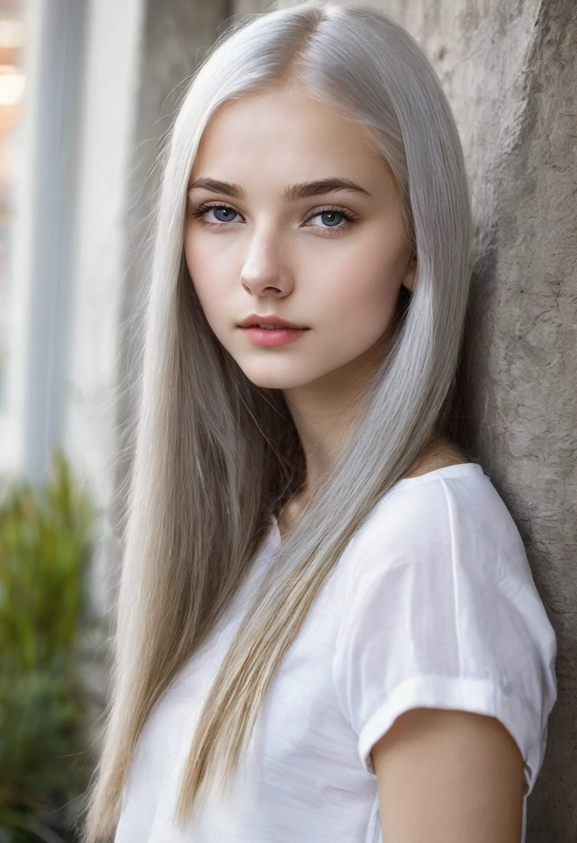 young girl(16 years). straight, White hair. thin, Noble features. Very white skin. grey eyes. thin белые брови. thin, Straight nose.