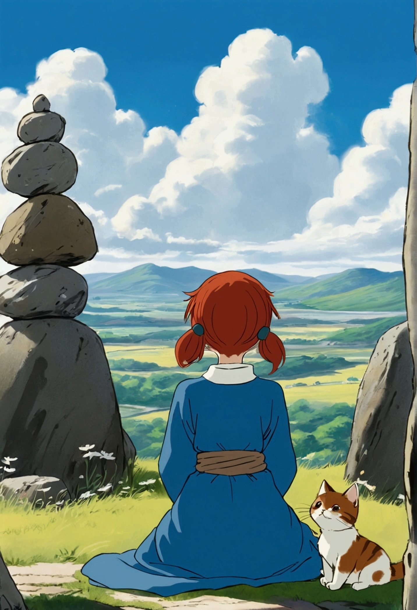 Please draw a character similar to Nausicaa of the Valley of the Wind in the style of a Japanese anime.。The character has red shoulder-length hair.、She is wearing a long-sleeved blue dress、There is a white symbol on the chest。She stands with her arms outstretched、On his shoulder sits a cute little cat-like creature with long ears and yellow and dark brown stripes.。In the background is a vast and tranquil landscape.、You can see the tall stone cairn structure and the clear sky.。