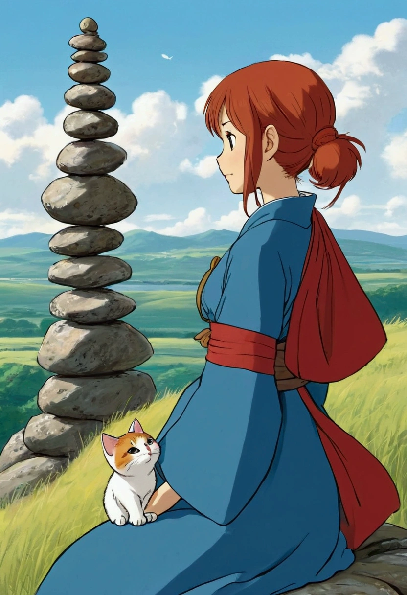 Please draw a character similar to Nausicaa of the Valley of the Wind in the style of a Japanese anime.。The character has red shoulder-length hair.、She is wearing a long-sleeved blue dress、There is a white symbol on the chest。She stands with her arms outstretched、On his shoulder sits a cute little cat-like creature with long ears and yellow and dark brown stripes.。In the background is a vast and tranquil landscape.、You can see the tall stone cairn structure and the clear sky.。