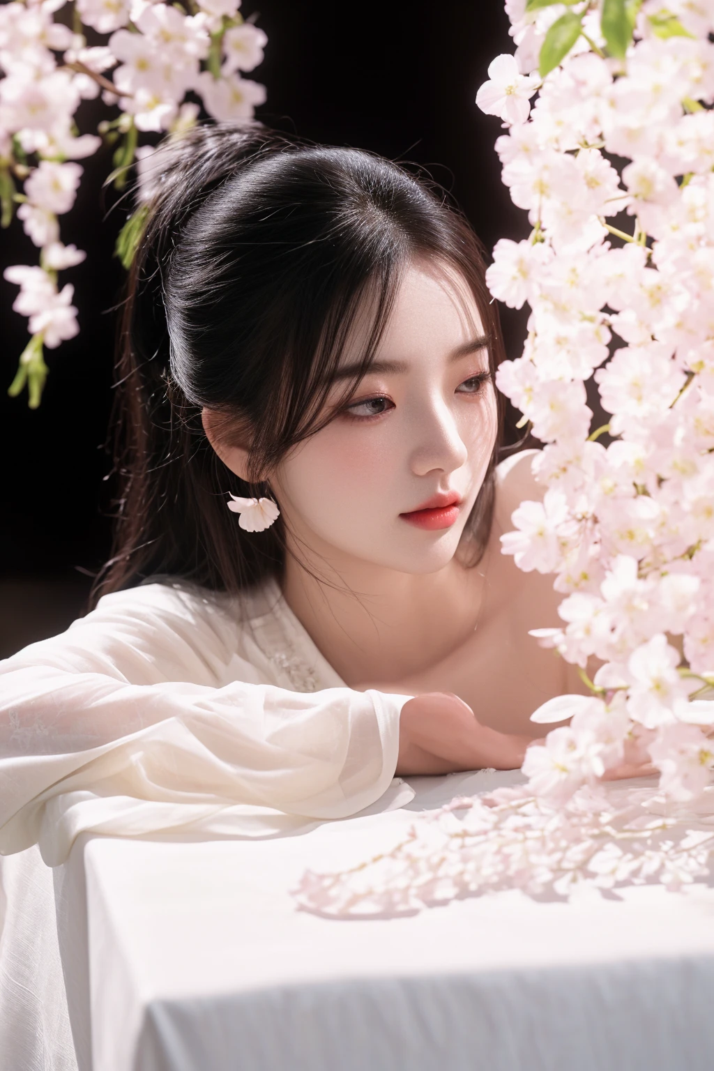 there is a woman that is sitting down with a flower, white hanfu, sakimichan, 中 元 节, soft portrait shot 8 k, inspired by Huang Ji, jingna zhang, pale milky white porcelain skin, ethereal beauty, inspired by Tang Yifen, guweiz, xintong chen, cai xukun