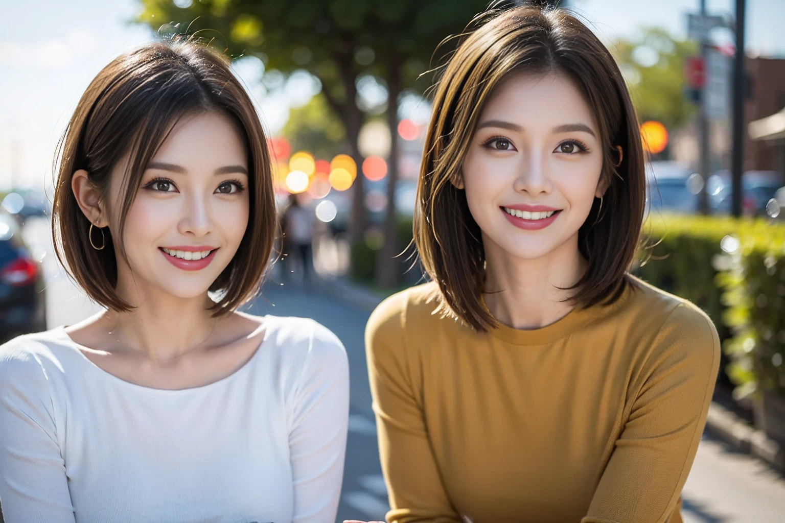 （Realistic:1.1）,(masterpiece,Highest quality)，8k,(40 years old), 42 years old, slimカップル、Model Couple、Actress/Actor、Tight waist,Upper Body,full-course dinner、wine 、Amazing view of the sunset sky and clouds、Perfect Anatomy, Brown Hair, Short Hair,Random Hairstyles,((Highly detailed face and eyes:1.2))(cute顔:1.4)，Beautiful actress face，Perfect golden ratio face，Long sleeve shirt、dress,(smile:1.2)、Shortcuts、cute、(Realistic, Intricate details:1.2), A bright smile、short hair,Bright Face、赤wine 、Appetizers、Italian food、wine bottle、Champagne、スパークリングwine、(slimな顔), (The body is slim), (Brown Hair), (Shortcuts),  Upper Body, 白wine, slim, wineグラス, 