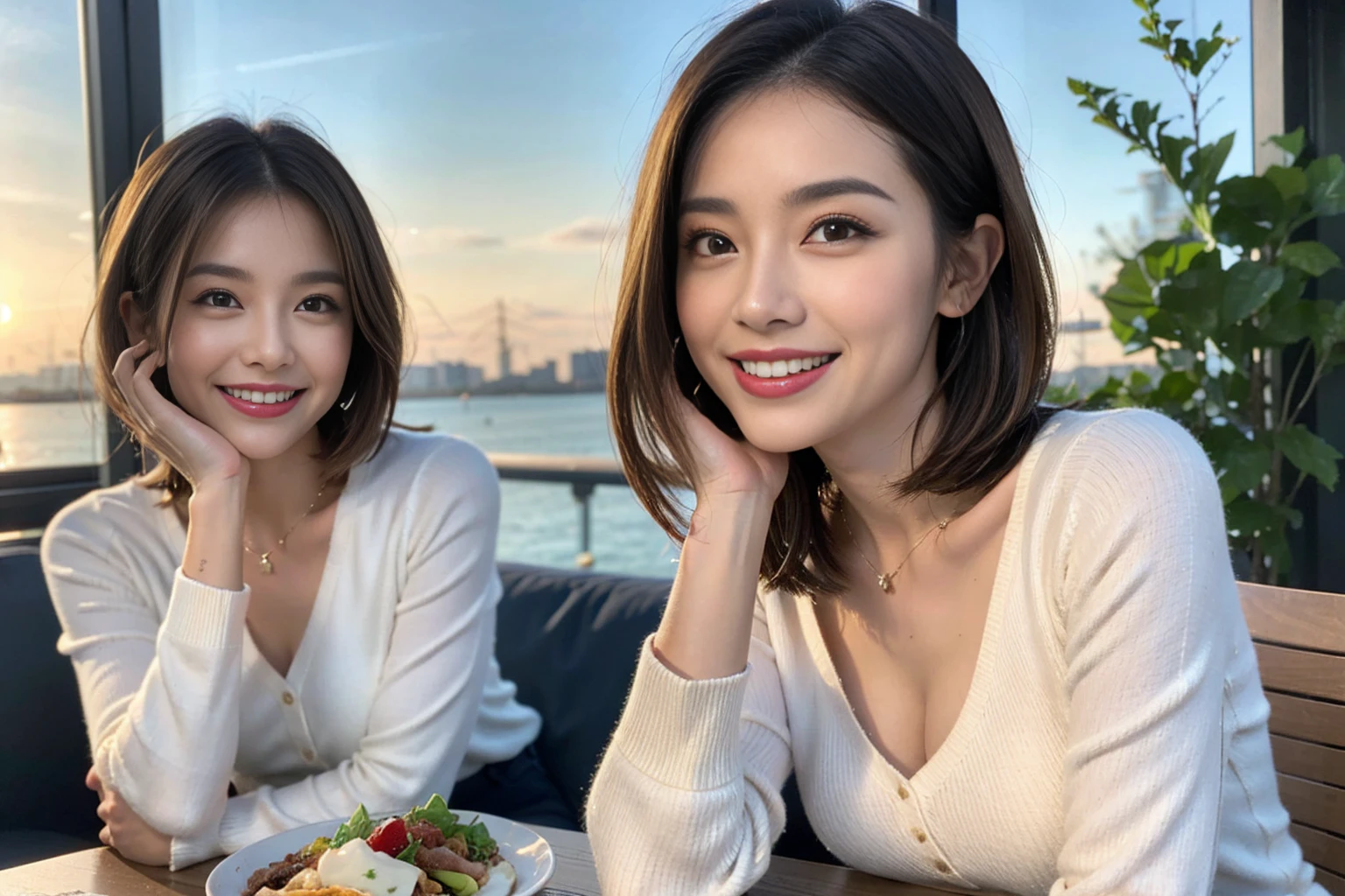 (Realistic:1.1),(masterpiece,Highest quality),8k,(49 years old), 50 years old, slimカップル、Tight waist,Upper Body,full-course dinner、wine 、Amazing view of the sunset sky and clouds、Perfect Anatomy, Brown Hair, short hair,Random Hairstyles,((Highly detailed face and eyes:1.2)),Perfect golden ratio face,Long sleeve shirt、dress,(smile:1.2)、Shortcuts、cute、(Realistic, Intricate details:1.2), A bright smile、short hair,Bright Face、赤wine 、Appetizers、Italian food、wine bottle、Champagne、スパークリングwine、(slimな顔), (The body is slim), (Brown Hair), (Shortcuts), Upper Body, 白wine, slim, wineグラス,