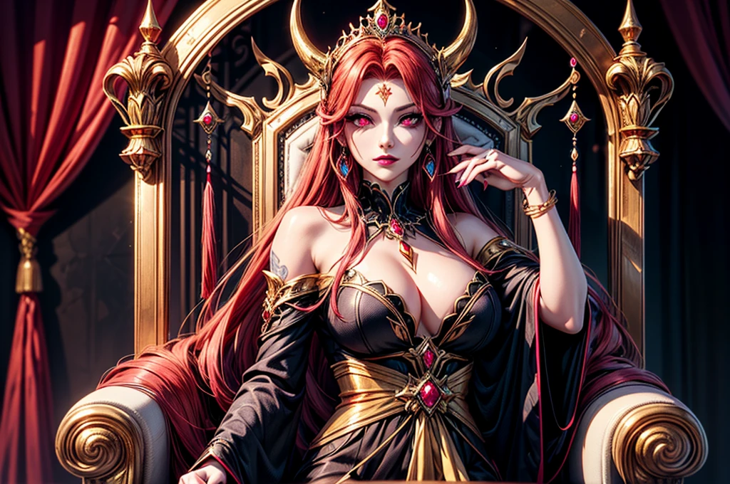 In the dark castle throne room on the huge royal throne in seductive pose siting beatiful demon queen, She have beautiful face with pink eyes rakr eye shadows and dark lipstick sexy make up, golden ring shape earrings on her ponty ears. she have long gorgeous bloody red hair.. dressed in majestic sexy black royal robe with golden metal parts, also she have tattoo all over her body her hands have lonf beautiful nails, (ultra high quality fantasy art, ghothic dark fantasy style, masterpiece, ultra high quality character design, 8k quality anime art, realistic anime art, top quality wallpaper illustration, detailed ultra high quality accurate face, high quality design and accurate physic)