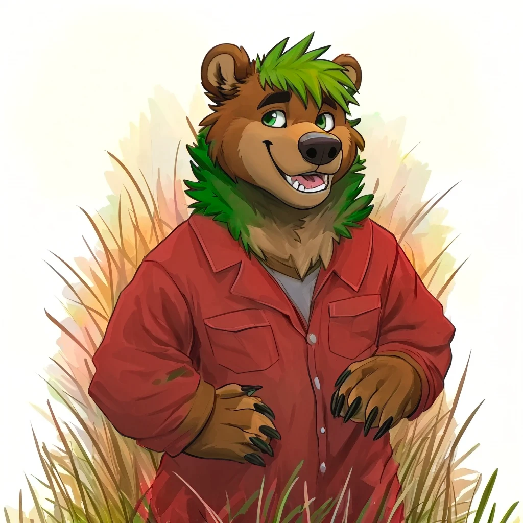 a caramel-brown colored fur anthropomorphic, muscular grizzly bear, dressed with a red colored jacket, green eyes, himbo body, green hair, happy, closed smile, standing in the grass, high quality furry art.