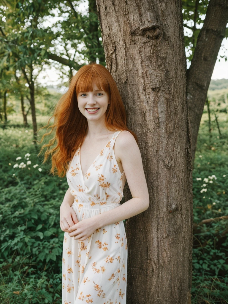 her name is Anna Maria Schmidt, high quality, ((white pale skin)), 1girl, ((20-year-old fit Caucasian woman)), ((20 years old)), ((fit)), ((ginger hair with bangs)), pose: standing, wearing stylish floral maxi dress, BACKGROUND: trees for a fresh and vibrant look, ugly smiling, standing, loose waves