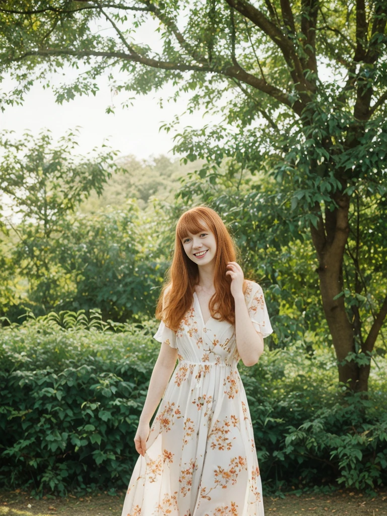 her name is Anna Maria Schmidt, high quality, ((white pale skin)), 1girl, ((20-year-old fit Caucasian woman)), ((20 years old)), ((fit)), ((ginger hair with bangs)), pose: standing, wearing stylish floral maxi dress, BACKGROUND: trees for a fresh and vibrant look, ugly smiling, standing, loose waves