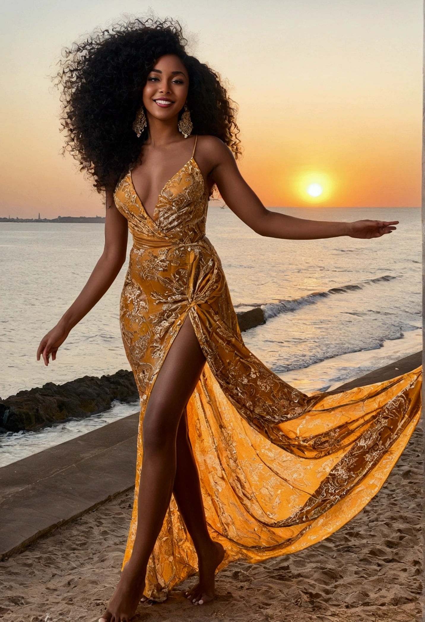 stunning latin influencer. She's in Paris at the Efail Tower , at beach, watching the sunset, wearing a long dress that reaches the hem of the legs. She's a black woman with a radiant smile, curly, curly hair that frames your face. Your body is shown from head to toe, highlighting your full beauty. She is a young goddess, a beautiful black lady with a captivating presence. Your skin is clear and radiant, and she is 24 years old. Her eyebrows are well defined and her brown eyes are mesmerizing.. She has a fit body, very attractive, with an hourglass waist and thick hips. Your presence is sweet and dear, and she exudes confidence and charm. Her long hair and wide legs complete her impressive figure.. She is posing alone, radiating beauty and elegance