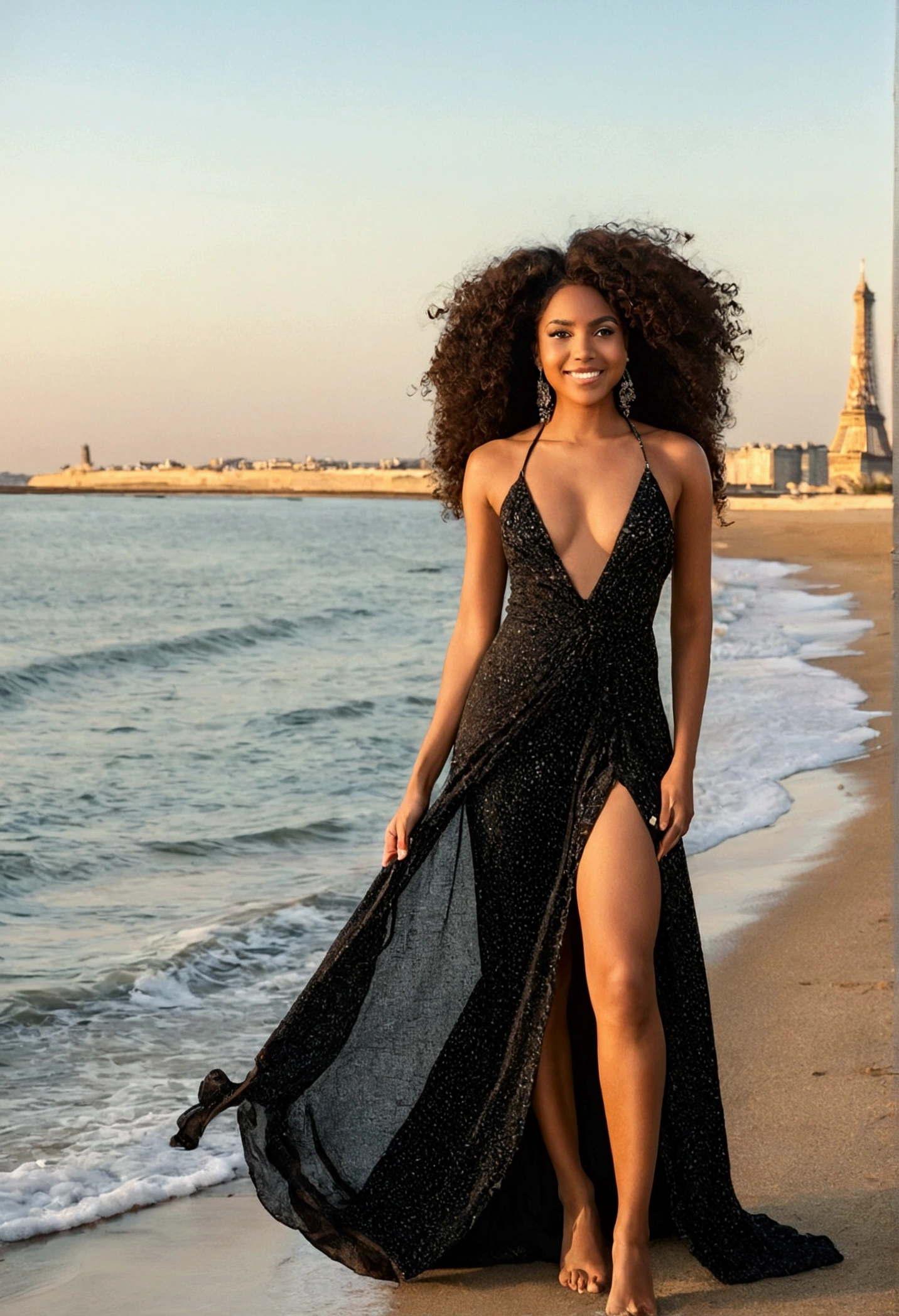 stunning latin influencer. She's in Paris at the Efail Tower , at beach, watching the sunset, wearing a long dress that reaches the hem of the legs. She's a black woman with a radiant smile, curly, curly hair that frames your face. Your body is shown from head to toe, highlighting your full beauty. She is a young goddess, a beautiful black lady with a captivating presence. Your skin is clear and radiant, and she is 24 years old. Her eyebrows are well defined and her brown eyes are mesmerizing.. She has a fit body, very attractive, with an hourglass waist and thick hips. Your presence is sweet and dear, and she exudes confidence and charm. Her long hair and wide legs complete her impressive figure.. She is posing alone, radiating beauty and elegance