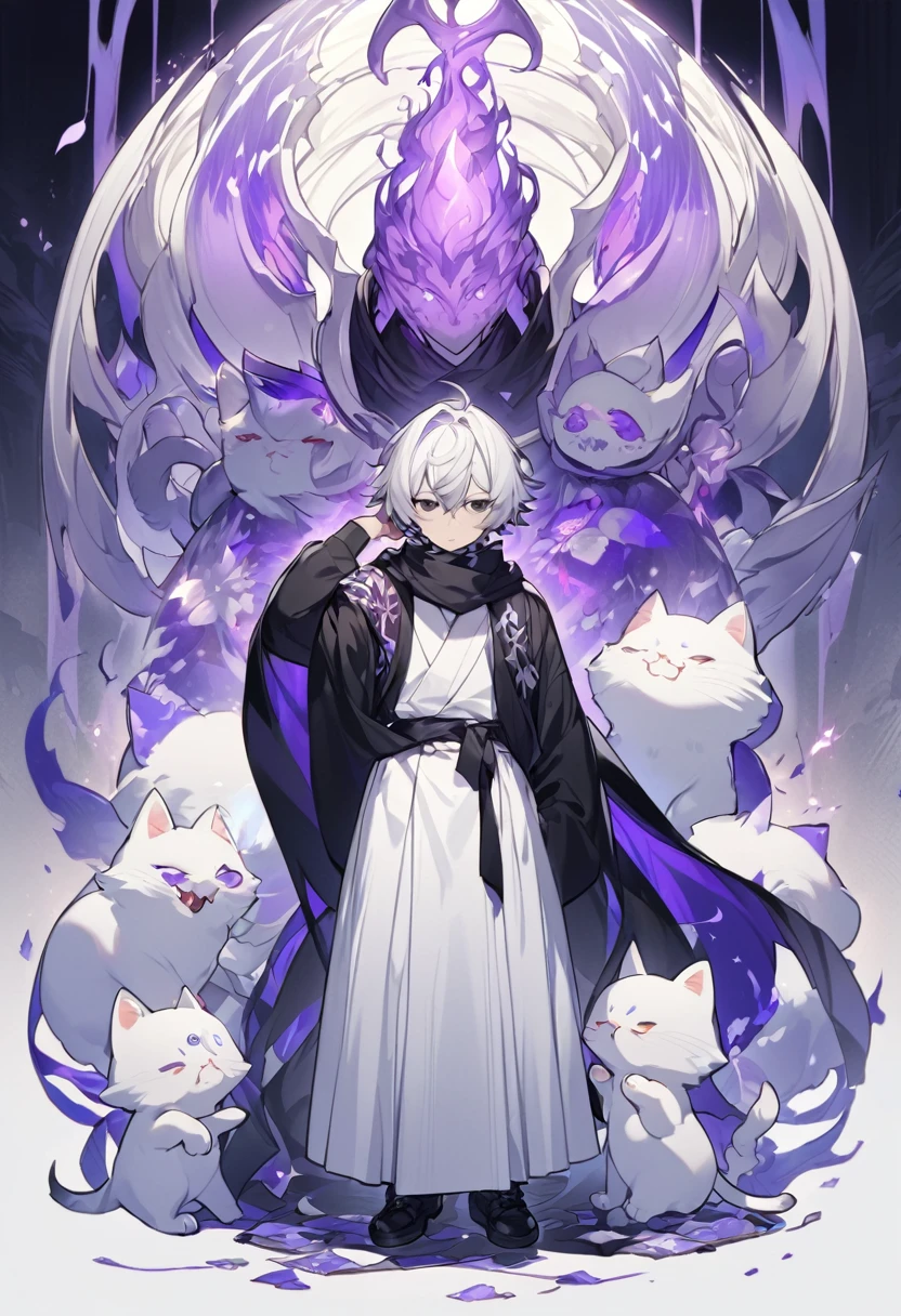Shawm - 21 years old young man, which was destined for a greater doings. Shawm is a young man, around 21 years old, a sorcerer which is quite skilled in the magic of cursed purple flames. He's short, well built. Usually frowning face shows no sign of emotion, and his half-closed emotionless blank black eyes only consolidate that fact. Tousled white hair with a slight purple colour in it's roots brushed behind, with a small bunch
of it sticking up before his eyes. Usually he's dressed in a white shirt, white hakama and black runners. On the neck he wears black long scarf which covers his mouth, with two tips waving behind his back, and on the waist usually wrapped his black and white coloured jacket, wrapped by its sleeves around his body. On Shawm's shoulder should be seen a small white chibi cat - his name is Kazu, and it's his spiritual animal and a teacher, which helps him use his powers. Cat should be showed once in the image. Cursed flames gather around his figure in a small spiritual swirling balls.