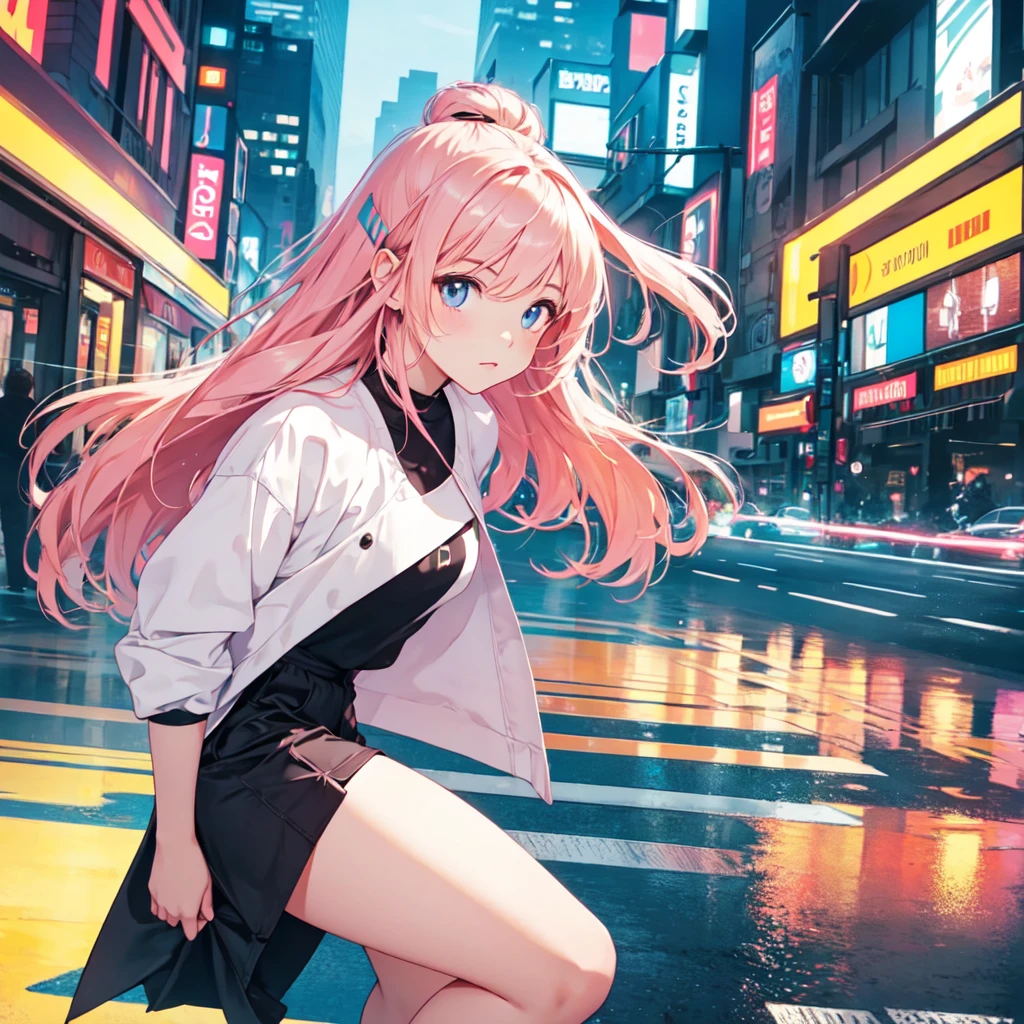 Highest quality, Ultra-high resolution, One girl, 2Head to Body, cute, Wide eyes, Landscape, Chibi character,highlight, Photograph the whole body,Dancing、Trendy clothes、Neon city background