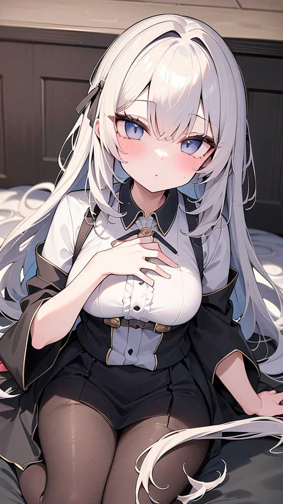 1girl, extreme detailed, Very detailed, colorful, highest detailed, masterpiece, best quality, highres, 8k, highly detailed face,  Eve\(path_to_nowhere\), sleeping, (sleeping on desk:1.4), on stomach, desk, blueprint, toy, from above, grey hair, cleavage, parted bangs, very long hair, hair over one eye, one eye covered, x hair ornament, mole under eye, purple eyes, choker, black neckwear, neck ribbon, flower earrings, single earring, white blouse, puffy sleeves, short sleeves, white gloves, frilled gloves, wrist cuffs, butterfly ornament, earrings 