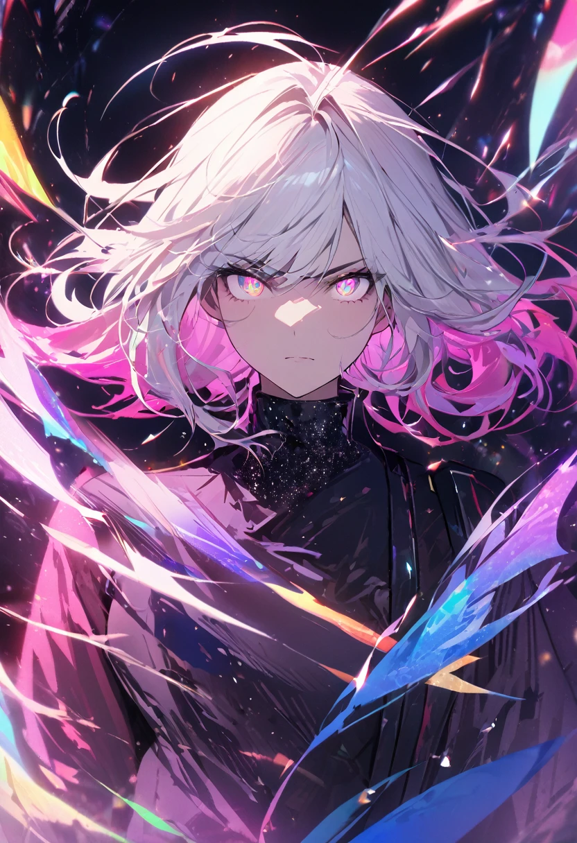 masterpiece, best quility, high_quality, high_resolution, masterpiece*portait, whitespace, colorful, 1girl, solo, white_hair, prism hair, [pink|green] eyes, gradient eyes, multicolored eyes, glowing eyes, glowing, glitter, glowing white particles, wind lift, full_body, serious,