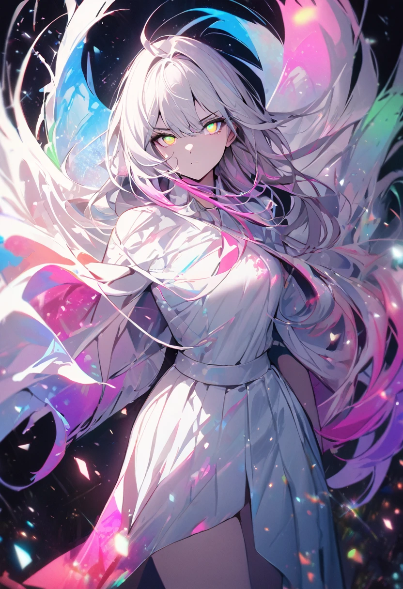 masterpiece, best quility, high_quality, high_resolution, masterpiece*portait, whitespace, colorful, 1girl, solo, white_hair, prism hair, [pink|green] eyes, gradient eyes, multicolored eyes, glowing eyes, glowing, glitter, glowing white particles, wind lift, full_body, serious,