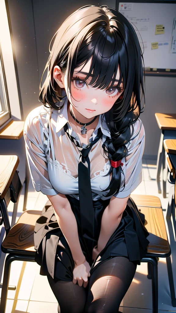 (8k, RAW Photos, 最high quality, masterpiece:1.2), high qualityのRAWカラー写真, Professional photo shoot, Cinematic Light, alone, (((young woman, Gal))), (Sharp features), (Small face), (Skin with attention to detail:1.2), clavicle, Cute Face, Beautiful appearance, Long eyelashes,Embarrassed, (Black Hair, Tied Hair), ((School teacher)), Black heels,,Embarrassed, Artistic painting,Attractive thighs, (Very nice touch:1.2),A shy smile), Peaceful atmosphere, Oil painting style, Bright colors, (Are standing:1.5, In a school classroom, Full body portrait), Smooth texture, Gazing Eyes, Beautiful Skin, Glowing Skin, ((Perfect Fingers, Five Fingers, Anatomically correct)), Background Blur, high quality, Surreal, ((Very detailed, photo shoot)),Many people々、blush、Plump、White tight shirt、School classroom、Black tight-fitting bodycon skirt、Full Body Shot、Black Pantyhose、Surrounded by students at school、Sitting at the Teaching Table、((Office Lady))