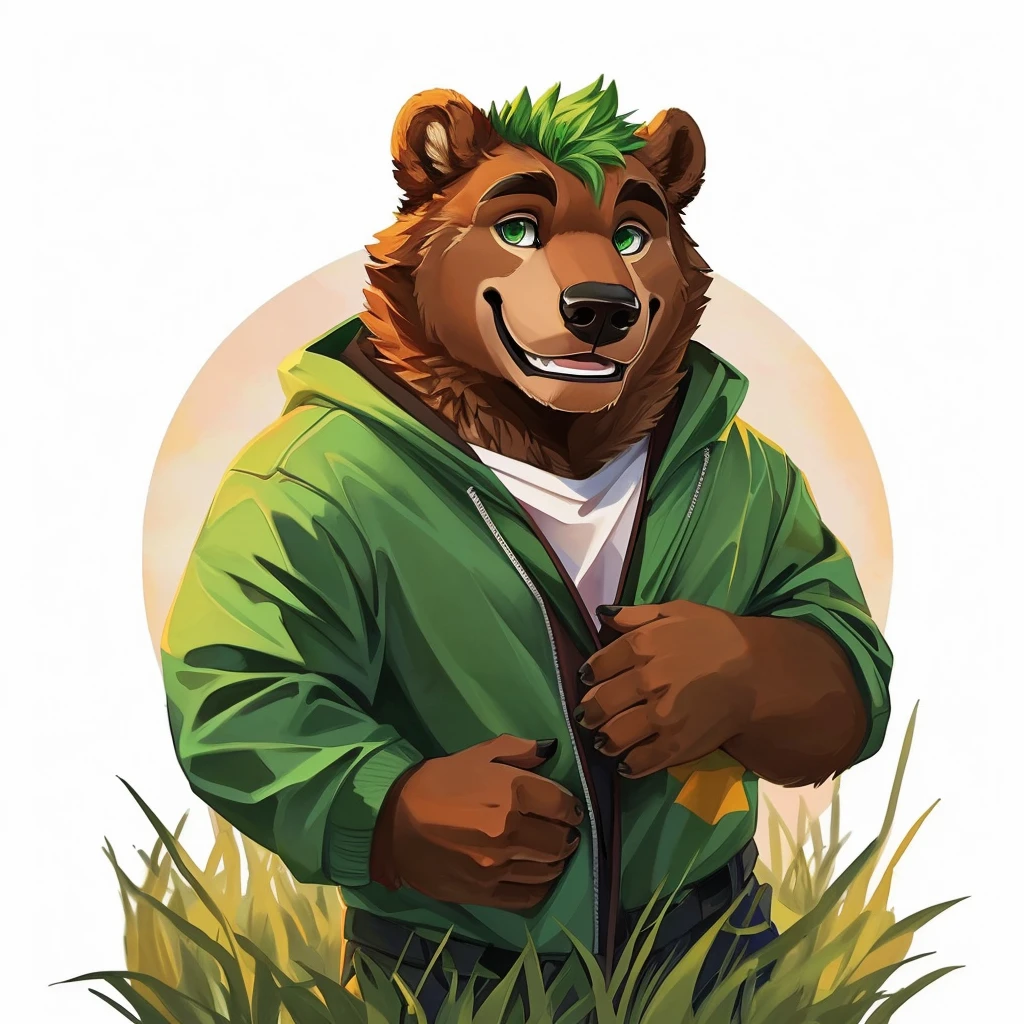 a caramel-brown colored fur anthropomorphic, muscular grizzly bear, dressed in a red jacket, green eyes, himbo body, green hair, happy, closed smile, standing in the grass, high quality furry art.