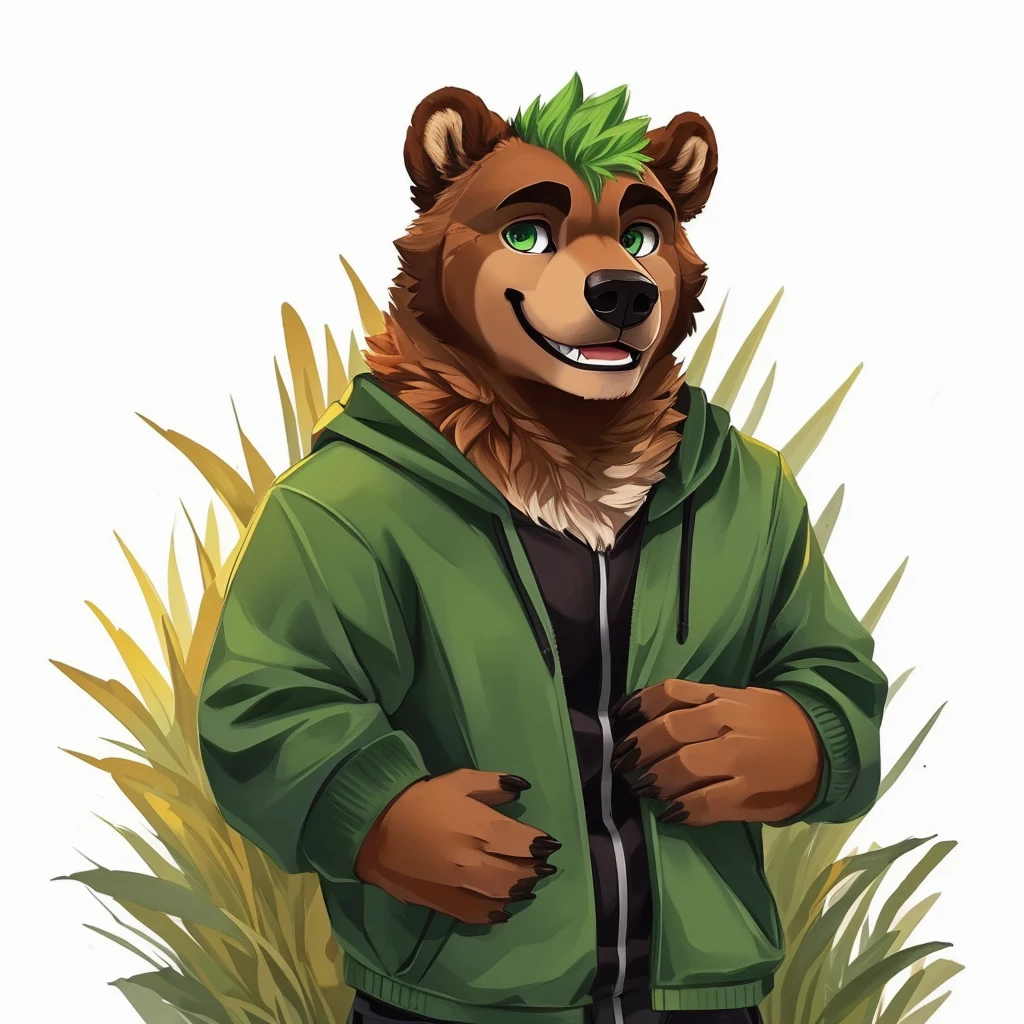 a caramel-brown colored fur anthropomorphic, muscular grizzly bear, dressed in a red jacket, green eyes, himbo body, green hair, happy, closed smile, standing in the grass, high quality furry art.