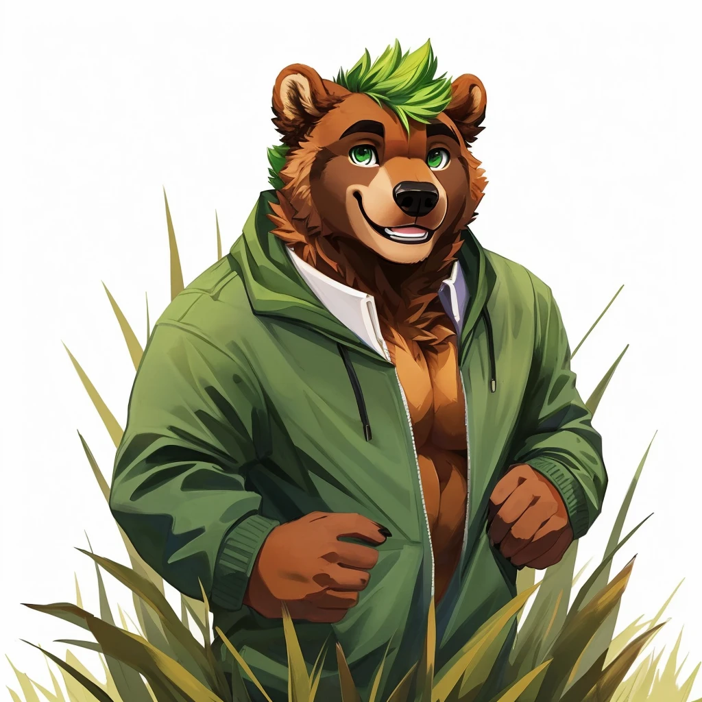 a caramel-brown colored fur anthropomorphic, muscular grizzly bear, dressed in a red jacket, green eyes, himbo body, green hair, happy, closed smile, standing in the grass, high quality furry art.