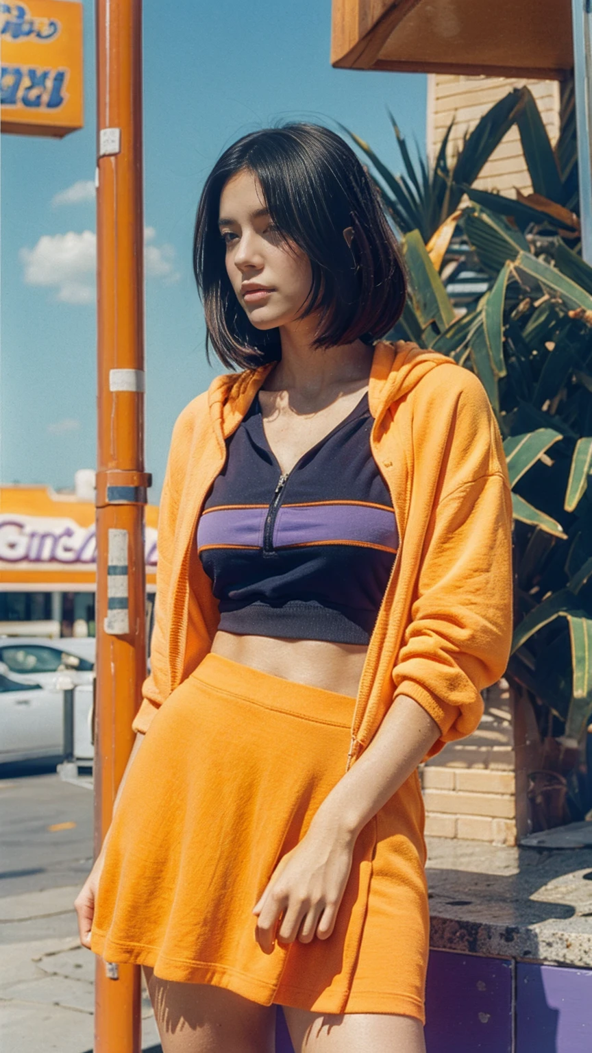 long shot portrait of cute 23 yo girl ,wearing ((orange color oversized_hoodie)), wear ((purple tennis skirt)),looking front,Best Quality,Masterpiece,Ultra High Resolution,Original Photo, 1Girl, light leak,ultra high resolution,UHD,beautiful, (black bob hair), almond eye, no makeup, in front of ((80's abandon gas station)), (realistic:1.2),(very detailed:1.1), ((masterpiece)),summer, blue sky, palm trees,sunny, los angles vibes,film camera, 800mm lens,style of Philip Lorca diCorcia